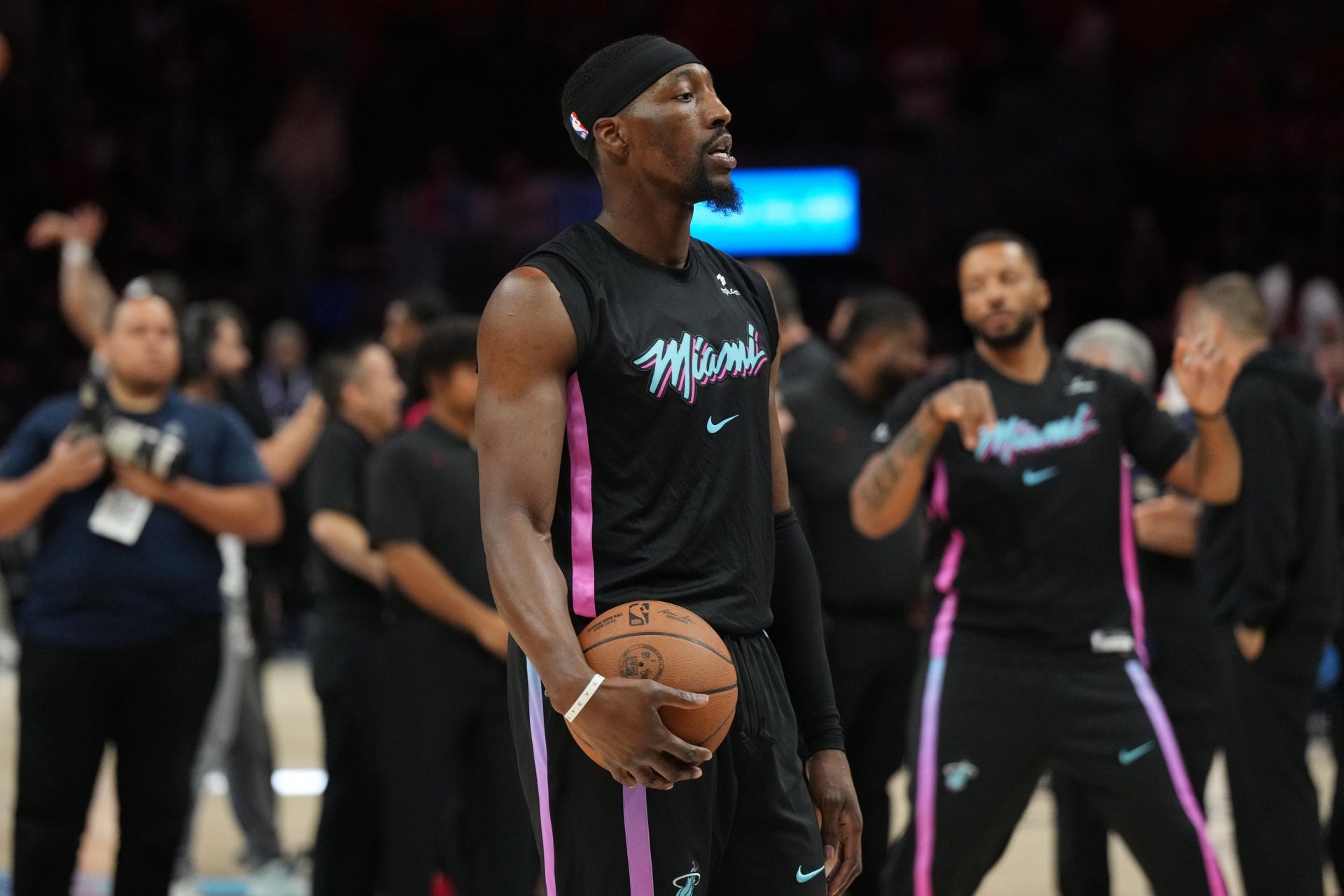 Miami Heat center Bam Adebayo (13) warms-up before the start of the game against the New Orleans Pelicans at Kaseya Center.