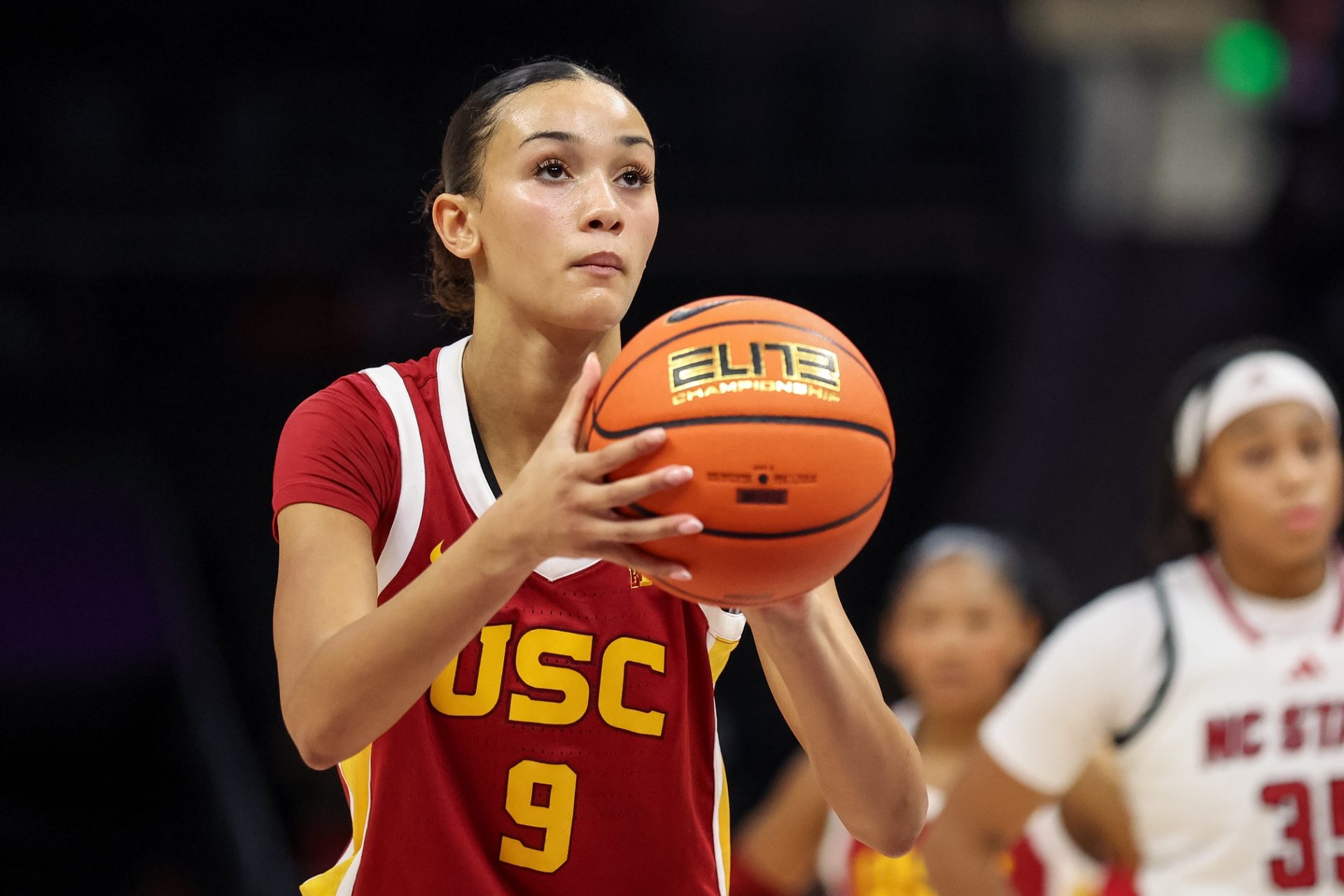 Southern California Trojans guard Jazzy Davidson (9) makes a free throw against the NC State Wolfpack during the third quarter of the Ally Tipoff game at Spectrum Center.