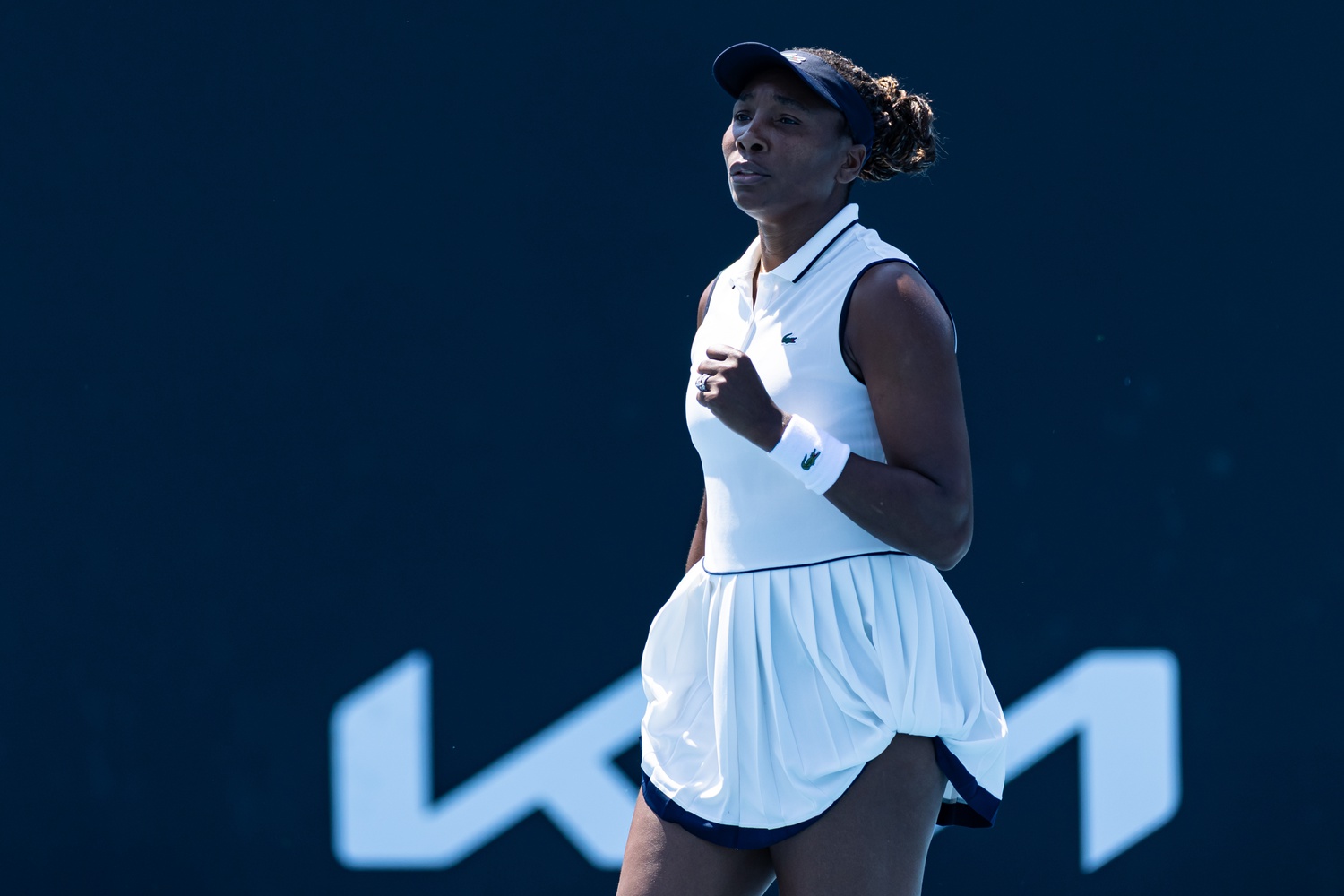 Venus Williams of United States and Ekaterina Alexandrova in action against Emiliana Arango of Colombia and Elsa Jacquemot of France in the first round of the womens doubles at the Australian Open at Melbourne Park.