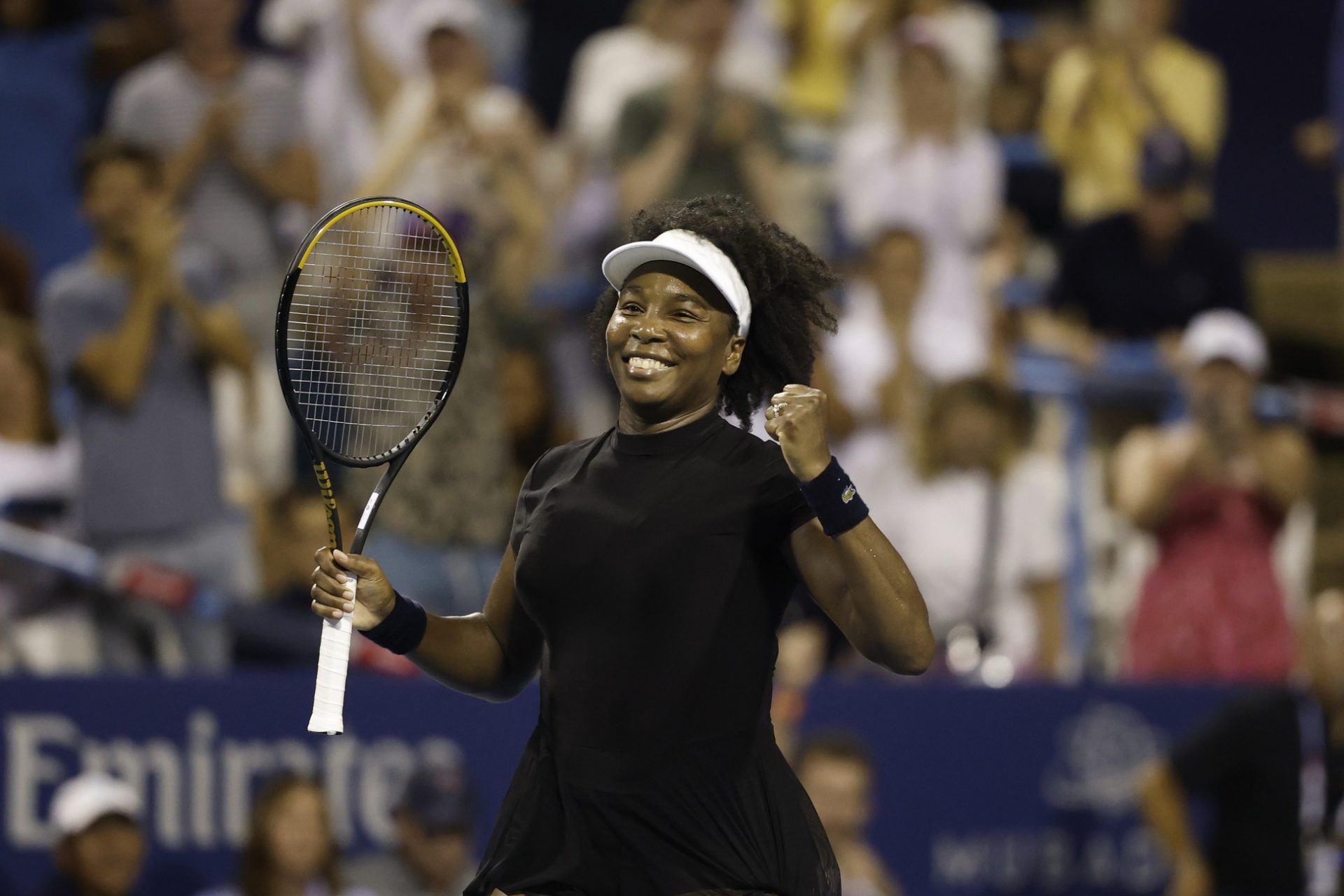 Venus Williams (USA) celebrates after match point against Peyton Stearns (USA)(not pictured) in a women's singles match on day two of the Mubadala Citi DC Open at Rock Creek Park Tennis Center.