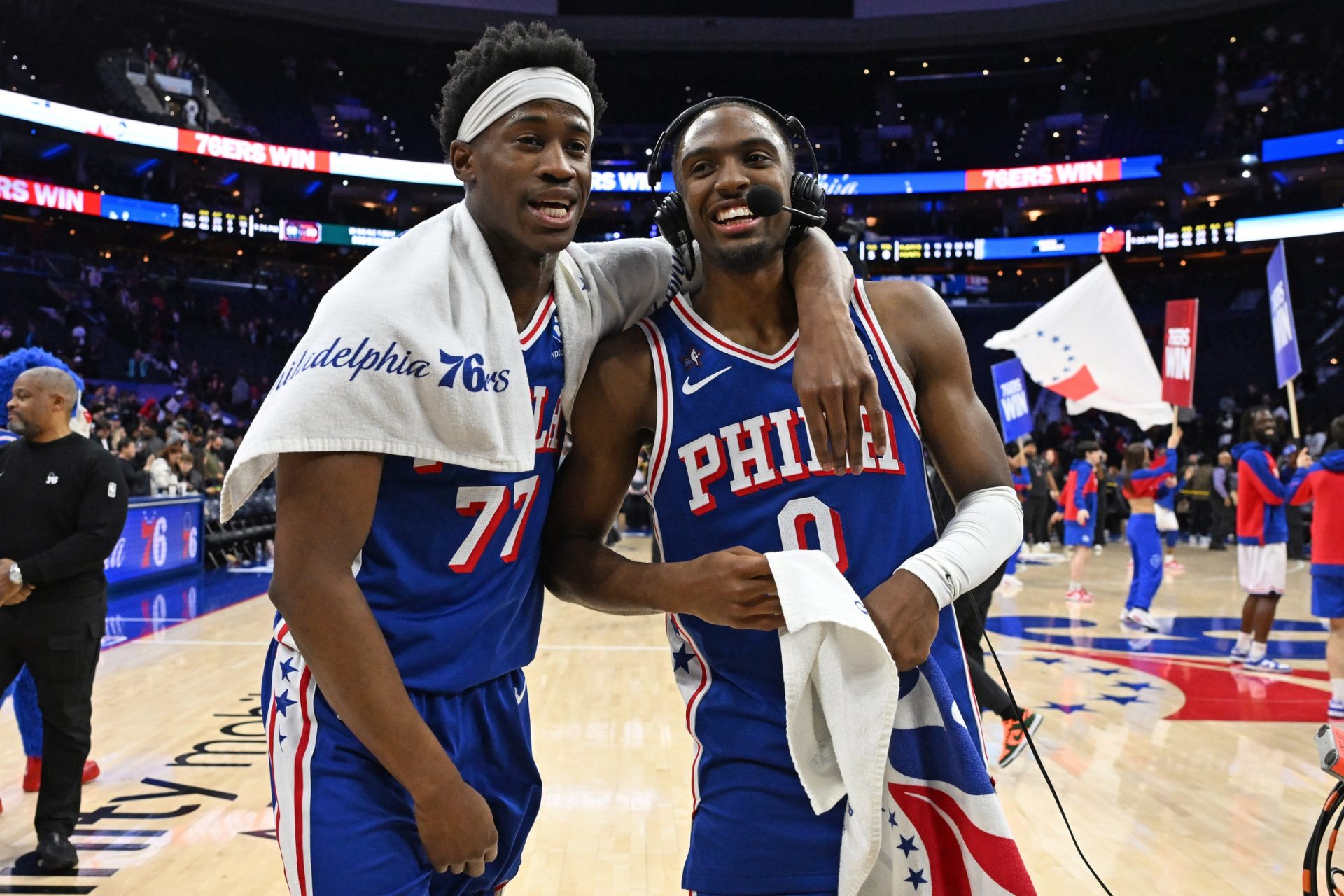Philadelphia 76ers guard Vj Edgecombe (77) and guard Tyrese Maxey (0) during a postgame interview after win against the Indiana Pacers at Xfinity Mobile Arena.