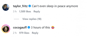 Screengrab from Instagram with Coco Gauff & Taylor Fritz's comments