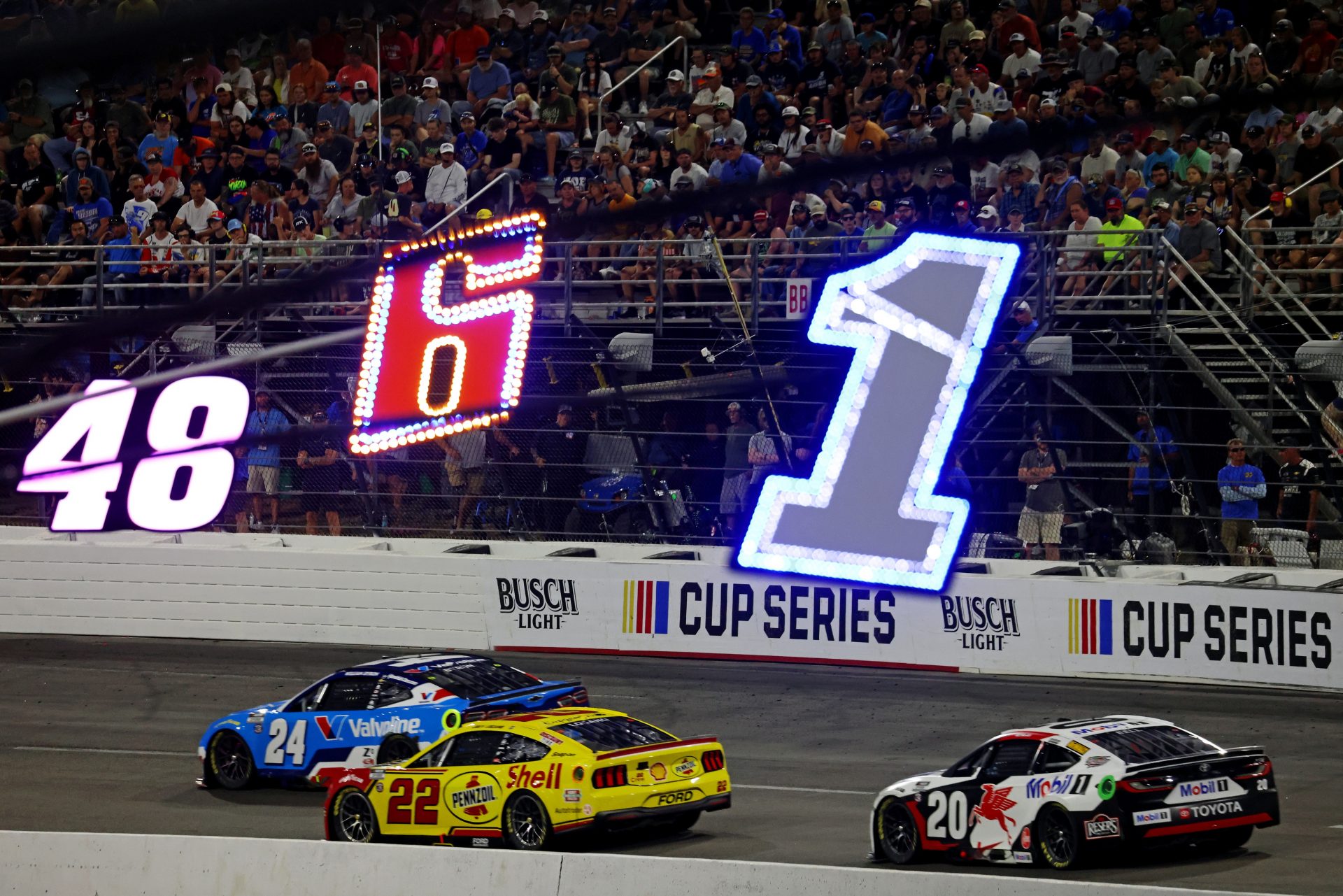 NASCAR Cup Series driver William Byron (24), NASCAR Cup Series driver Joey Logano (22) and NASCAR Cup Series driver Christopher Bell (20) during NASCAR All-Star Open at North Wilkesboro Speedway.