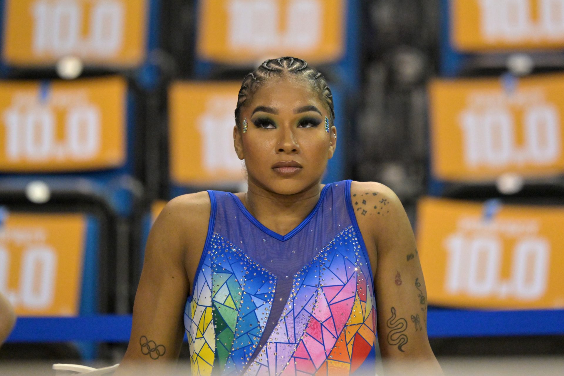 UCLA Bruins Jordan Chiles looks on as she warms up prior to the gymnastics meet against the Washington Huskies at Pauley Pavilion.