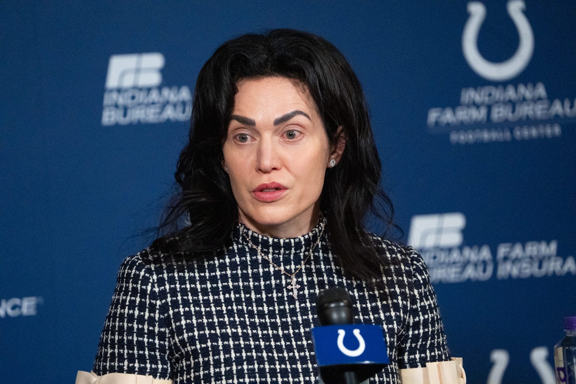 Carlie Irsay-Gordon speaks with media Monday, Jan. 5, 2026, during a press conference held at the Indianapolis Colts practice facility. Irsay-Gordon, the co-owner and CEO of the Colts, addressed questions about the team retaining head coach Shane Steichen and general manager Chris Ballard. Credit: IMAGN