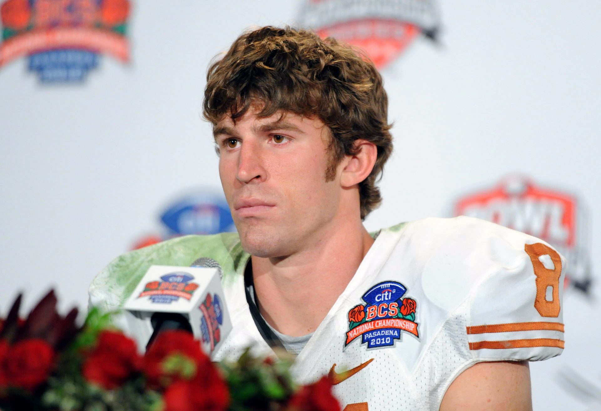 Jan 7, 2010, Pasadena, CA, USA; Texas Longhorns receiver Jordan Shipley (8) at press conference after the 2010 BCS National Championship against the Alabama Crimson Tide at the Rose Bowl. Alabama defeated Texas 37-21.