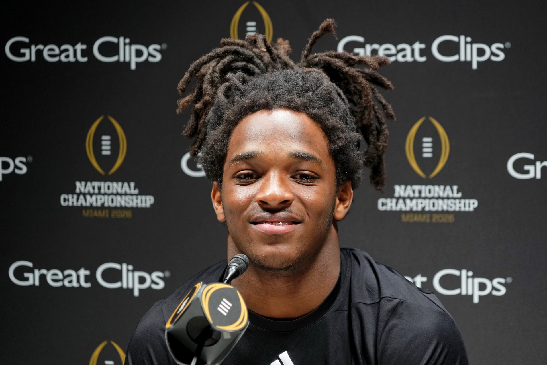 Miami Hurricanes wide receiver Malachi Toney (10) during media day for the 2025 College Football Playoff National Championship at Miami Beach Convention Center.