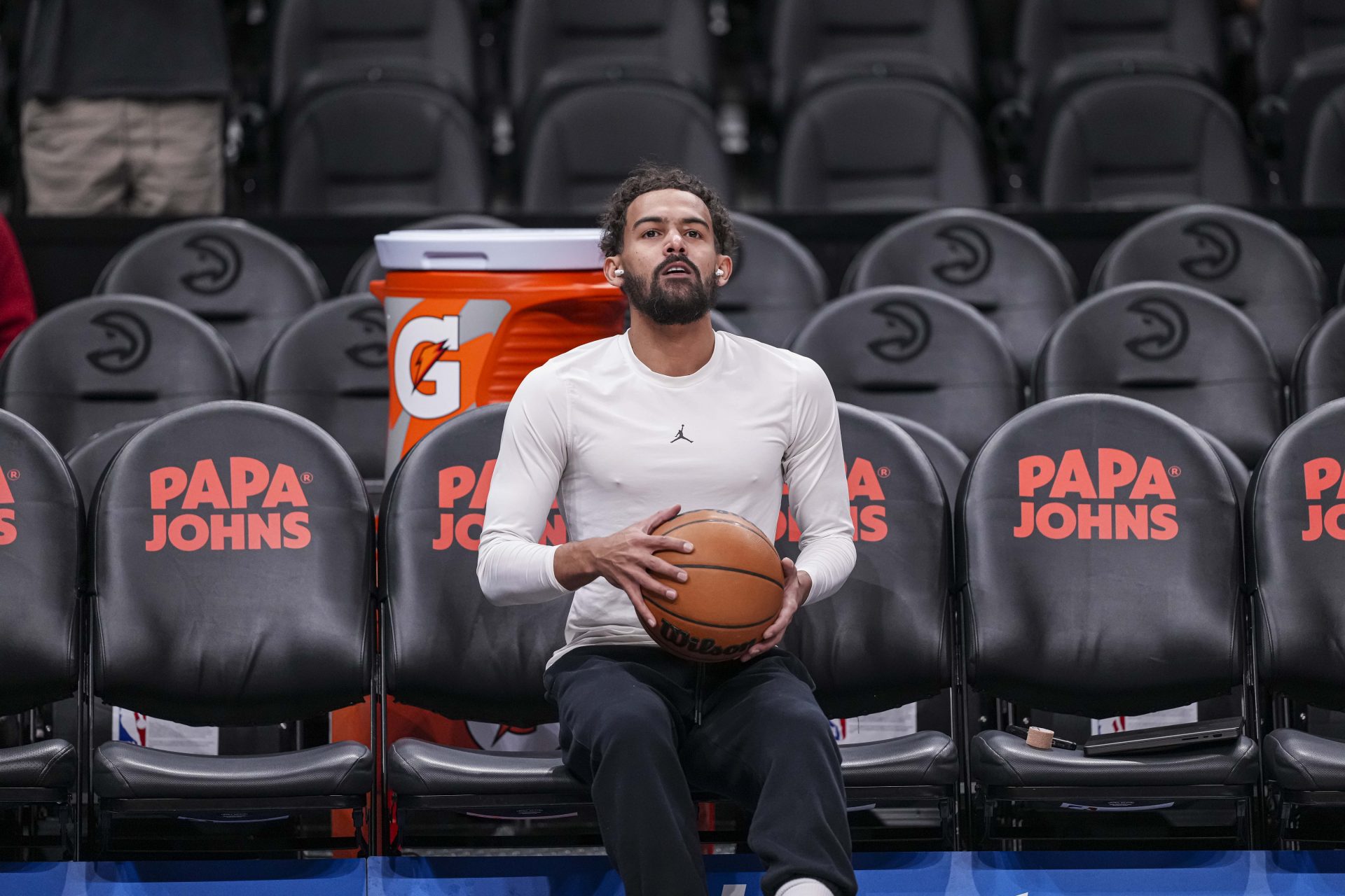 Atlanta Hawks guard Trae Young (11) shown on the court before the game against the New Orleans Pelicans at State Farm Arena.
