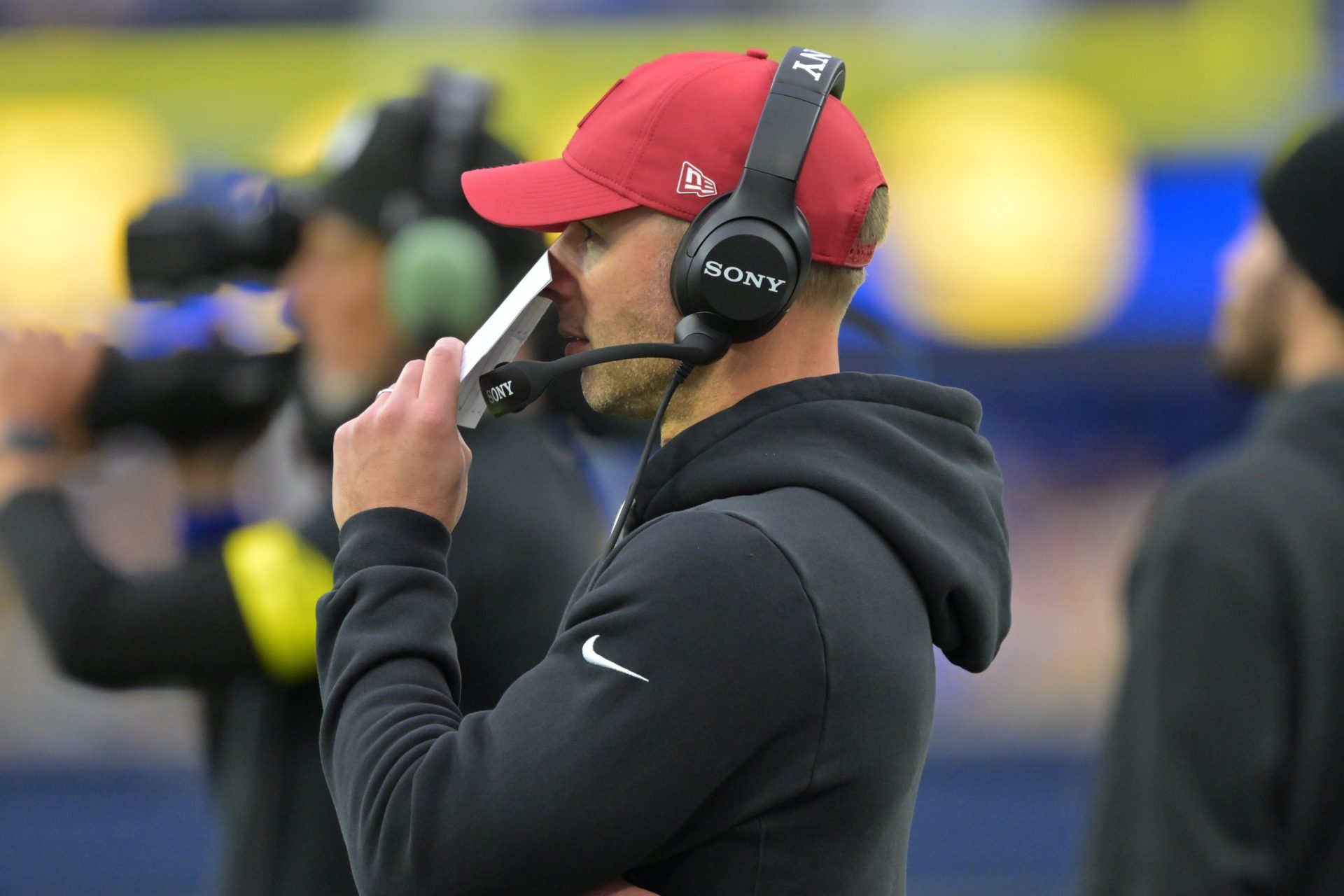 Arizona Cardinals head coach Jonathan Gannon on the sidelines against the Los Angeles Rams during the first half at SoFi Stadium.