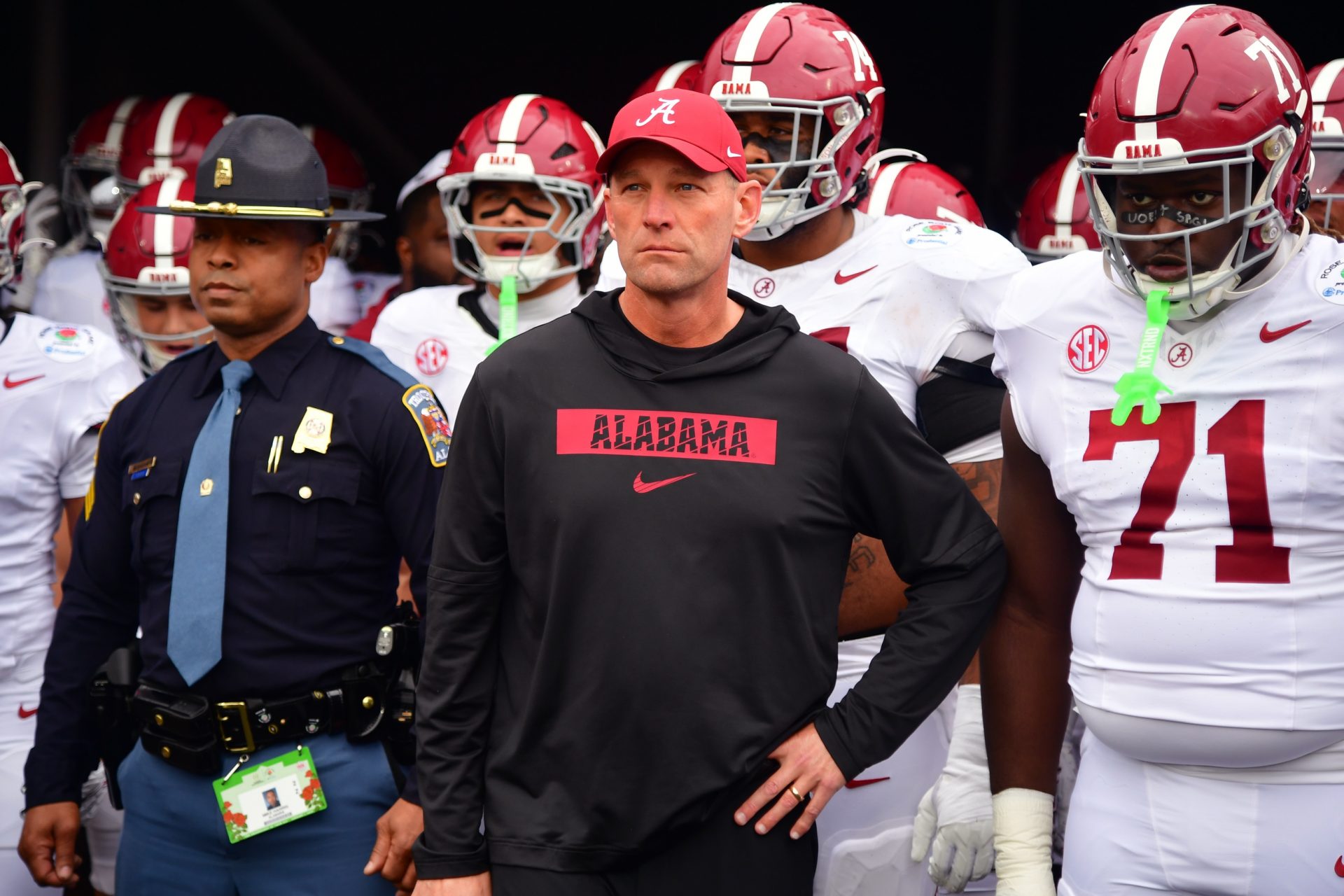 Alabama Crimson Tide head coach Kalen Deboer walks on field before the 2026 Rose Bowl and quarterfinal game of the College Football Playoff against the Indiana Hoosiers at Rose Bowl Stadium.