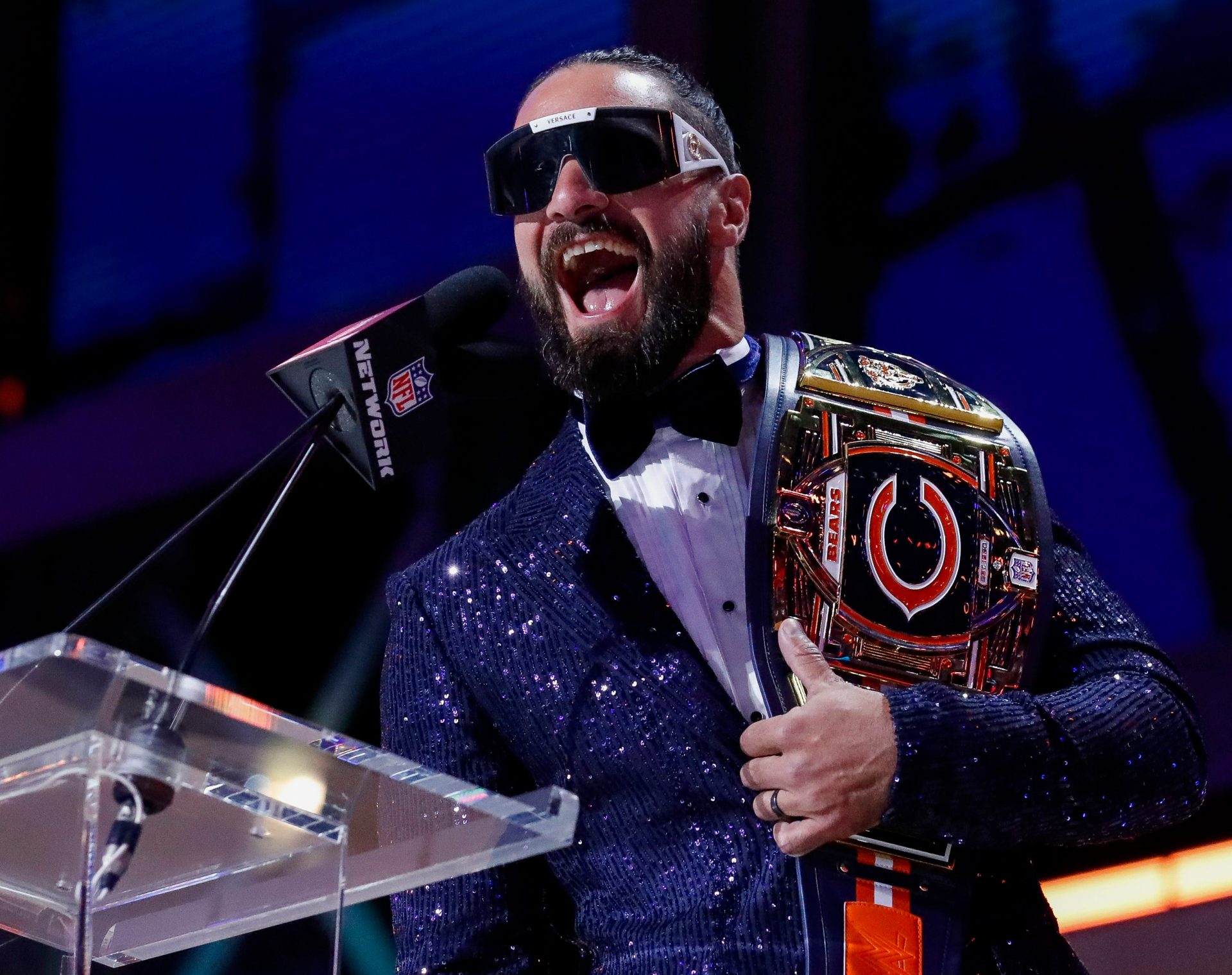 WWE wrestler and Chicago Bears fan Seth Rollins taunts the crowd before announcing the team’s selection with the 56th overall pick during the second round of the 2025 NFL Draft on Friday, April 25, 2025, at Lambeau Field in Green Bay, Wisconsin. The draft runs through April 26.
Tork Mason/USA TODAY NETWORK-Wisconsin