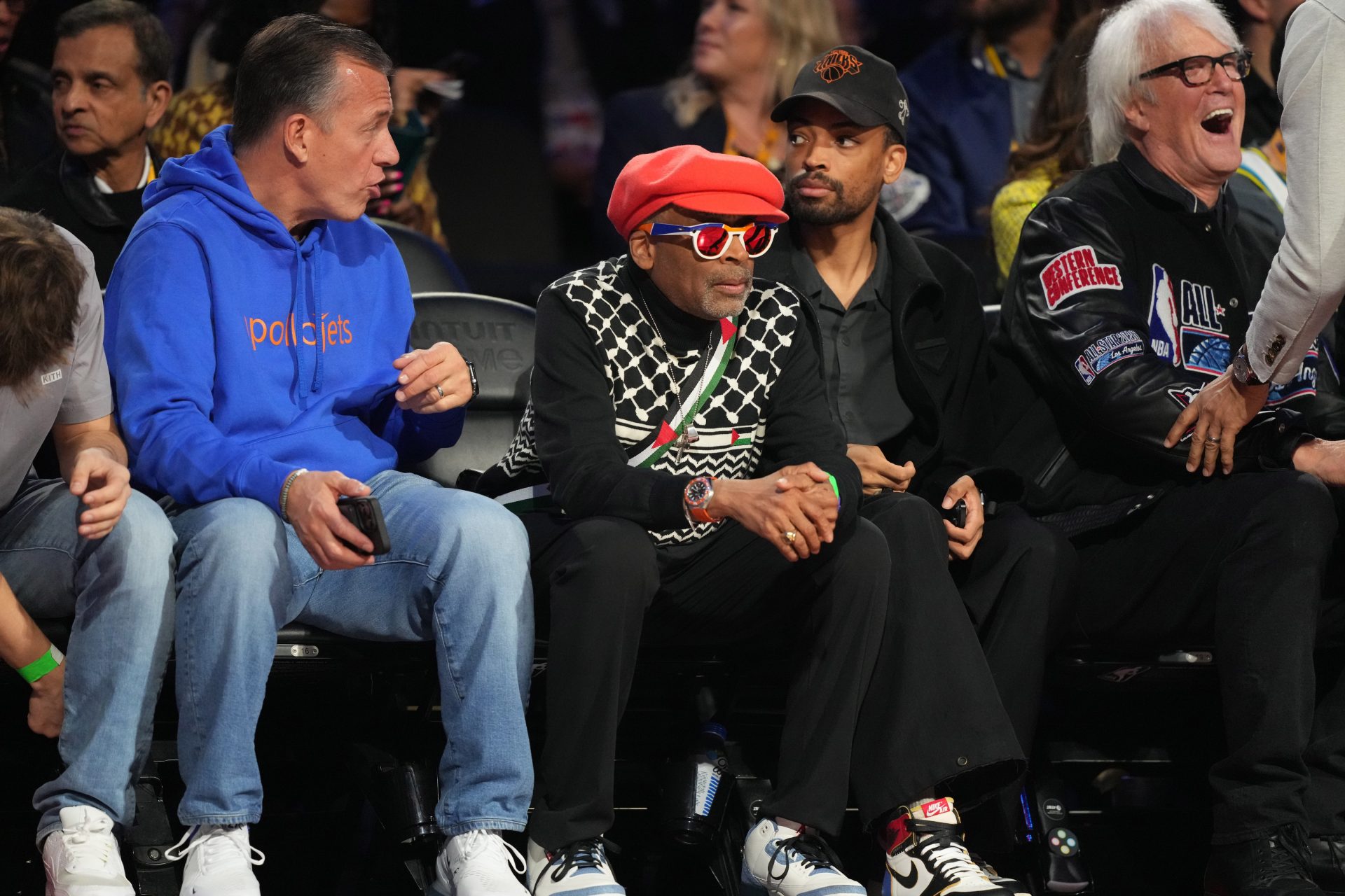 Spike Lee and John Tesh watch during the 75th NBA All Star Game at Intuit Dome.