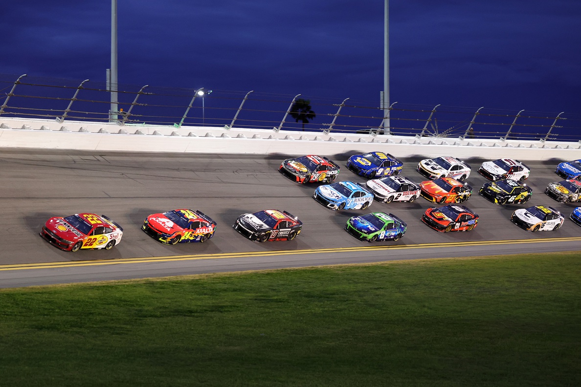 NASCAR Cup Series driver Joey Logano (22) leads the field during the Daytona 500 at Daytona International Speedway.