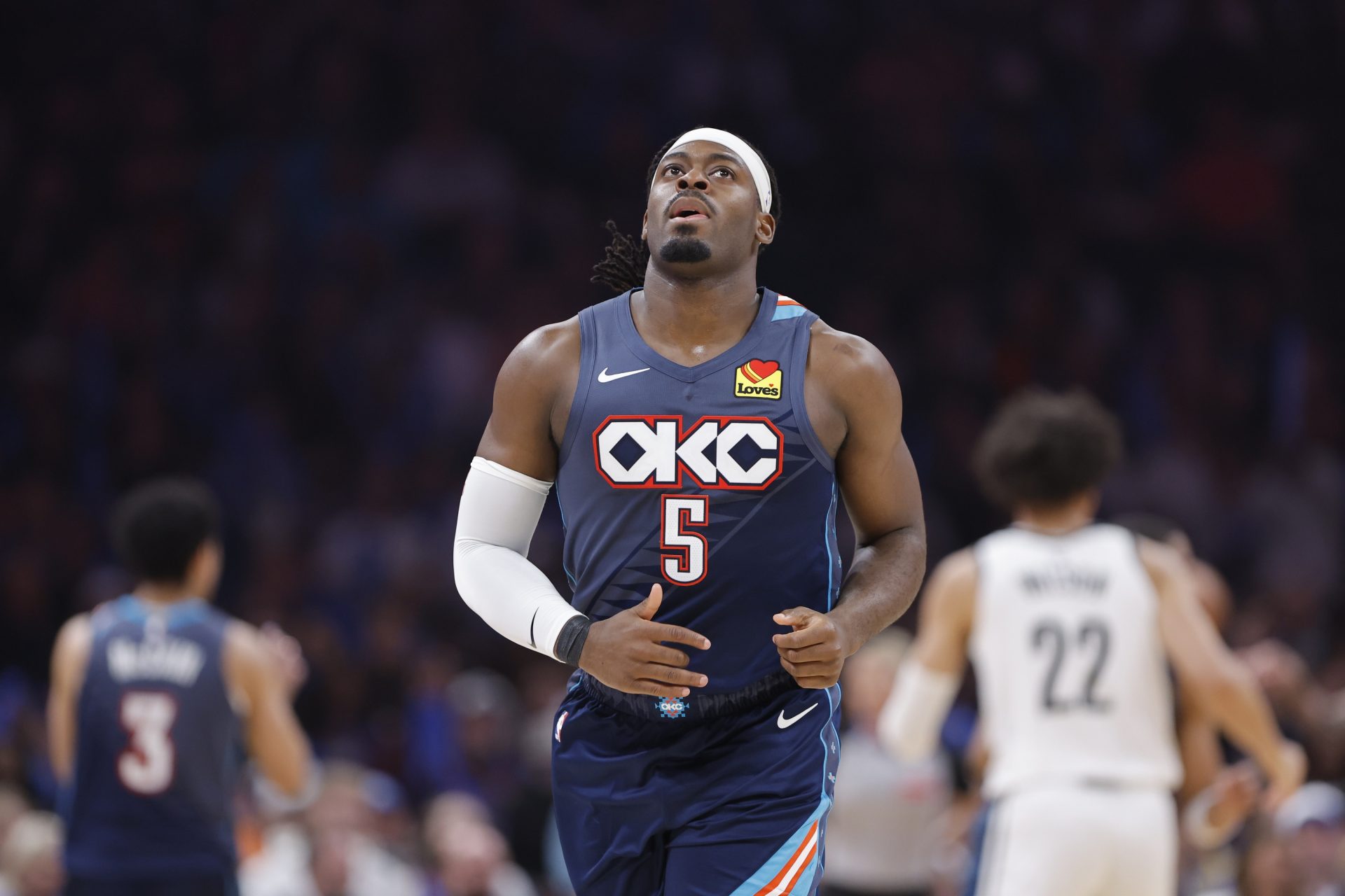 Oklahoma City Thunder guard Luguentz Dort (5) runs down the court against the Brooklyn Nets during the second half at Paycom Center - Source: Imagn Images