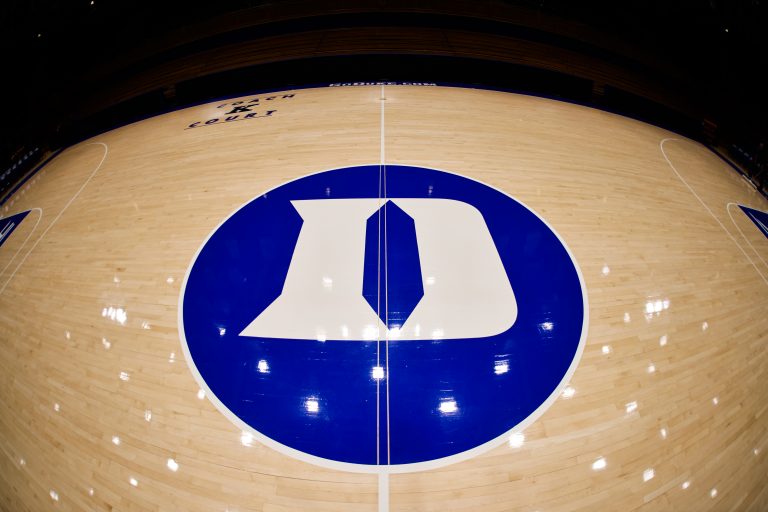 Duke Blue Devils center court logo before the Countdown to Craziness at Cameron Indoor Stadium.