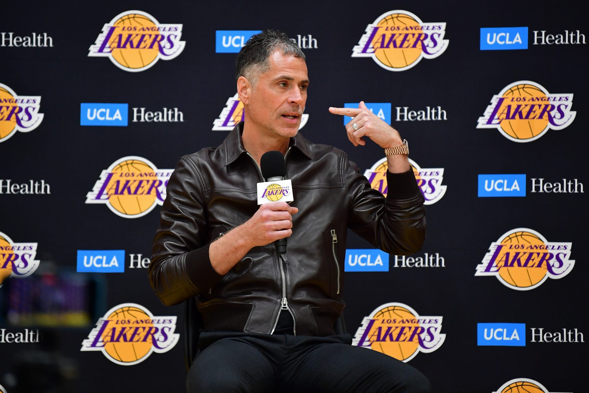 Los Angeles Lakers vice president of basketball operations and general manager Rob Pelinka introduced guard Luka Doncic at UCLA Health Training Center.