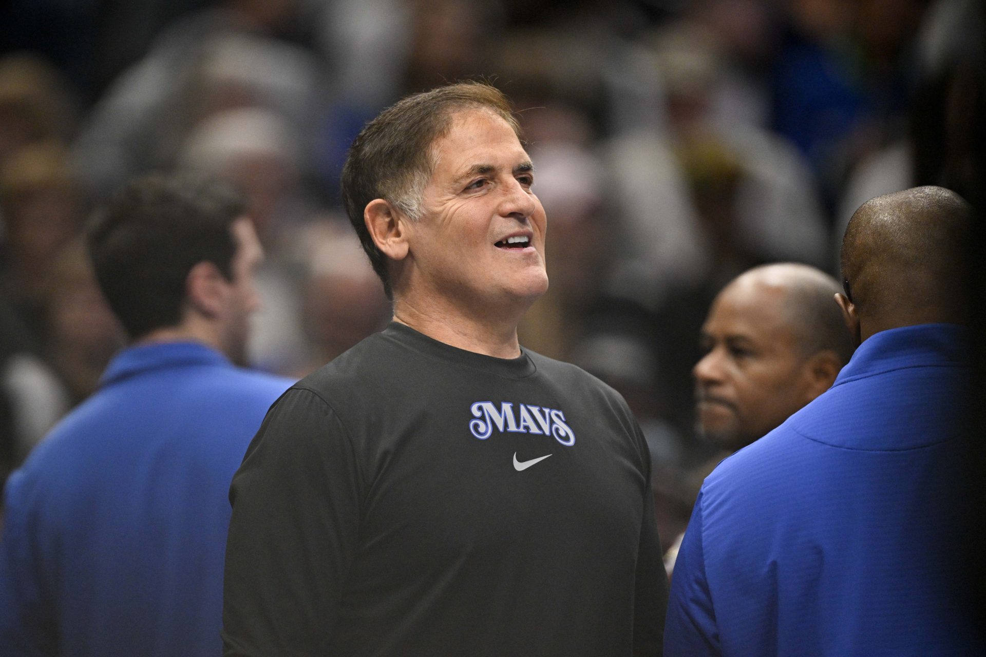 Mark  Cuban looks on during the second quarter between the Dallas Mavericks and the Denver Nuggets at the American Airlines Center.