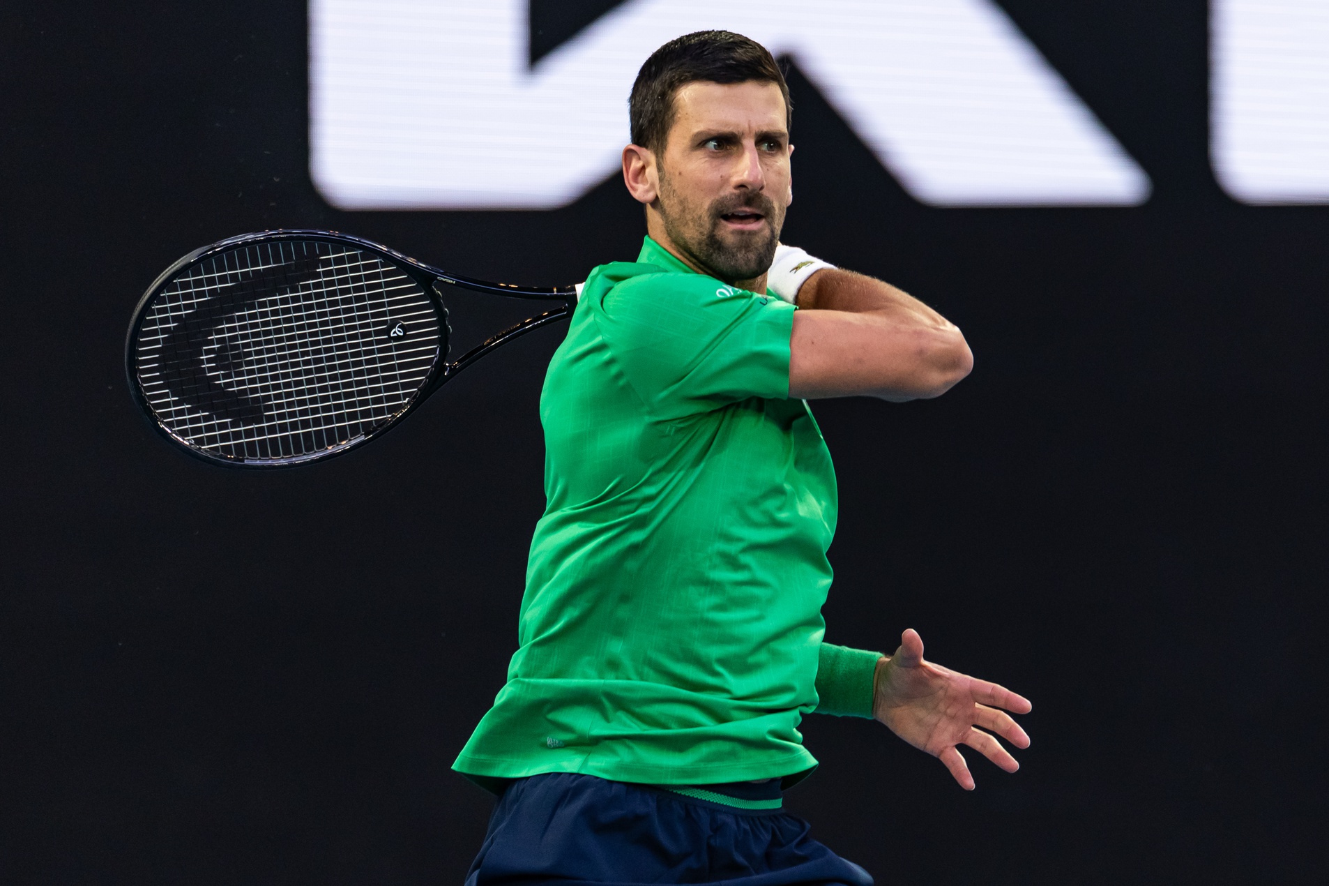 Novak Djokovic of Serbia in action against Carlos Alcaraz of Spain in the final of the mens singles at the Australian Open at Rod Laver Arena in Melbourne Park.