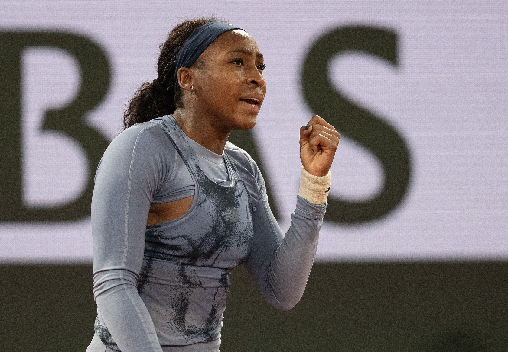 Coco Gauff of the United States reacts to a point during her match  against Madison Keys of the United States on day 11 at Roland Garros Stadium.