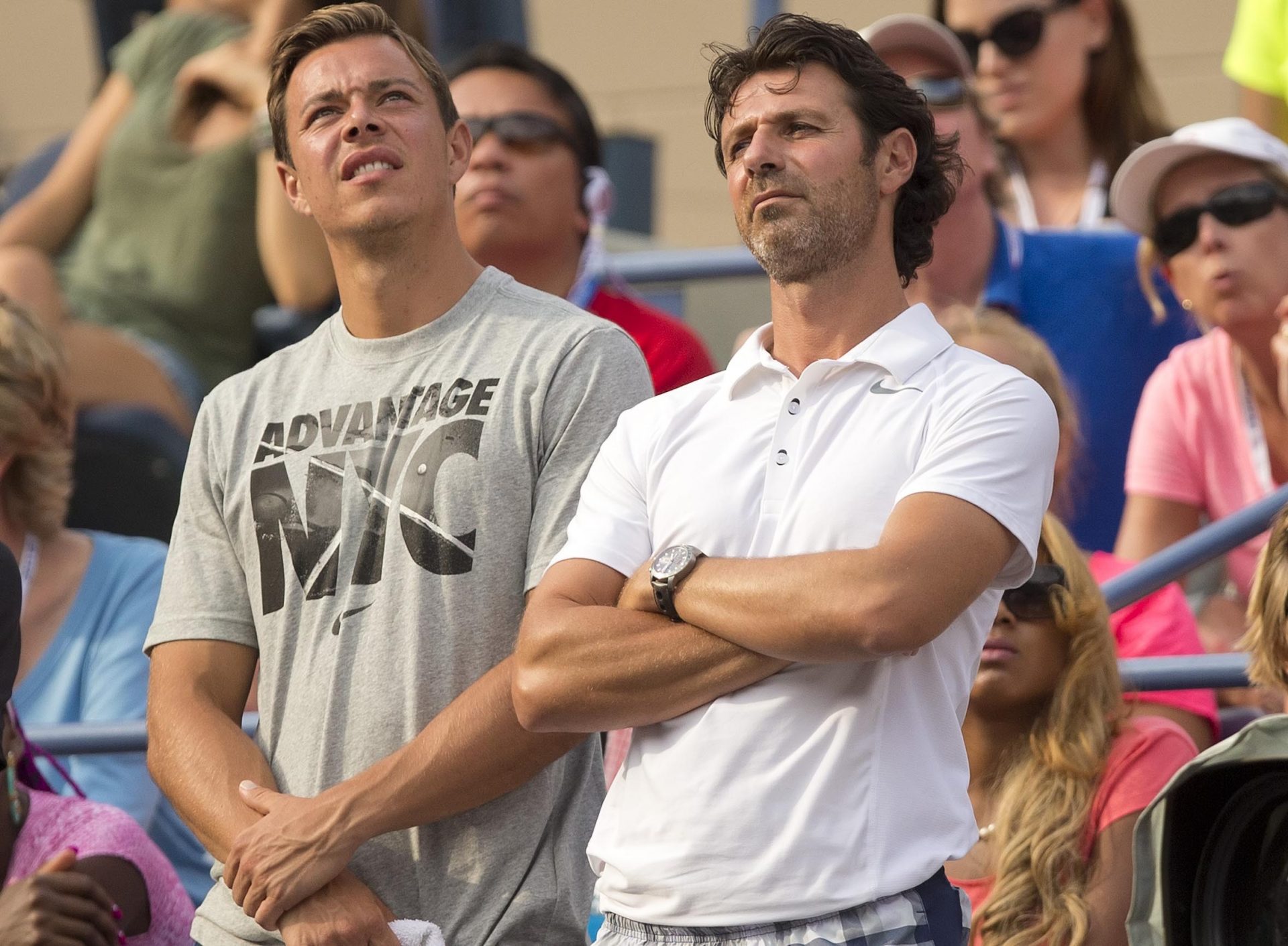 Patrick Mouratoglou the coach and boyfriend of Serena Williams (USA) and Sascha Bajin her hitting partner during her match against Sloane Stephens (USA) on day seven at the USTA Billie Jean King National Tennis Center.