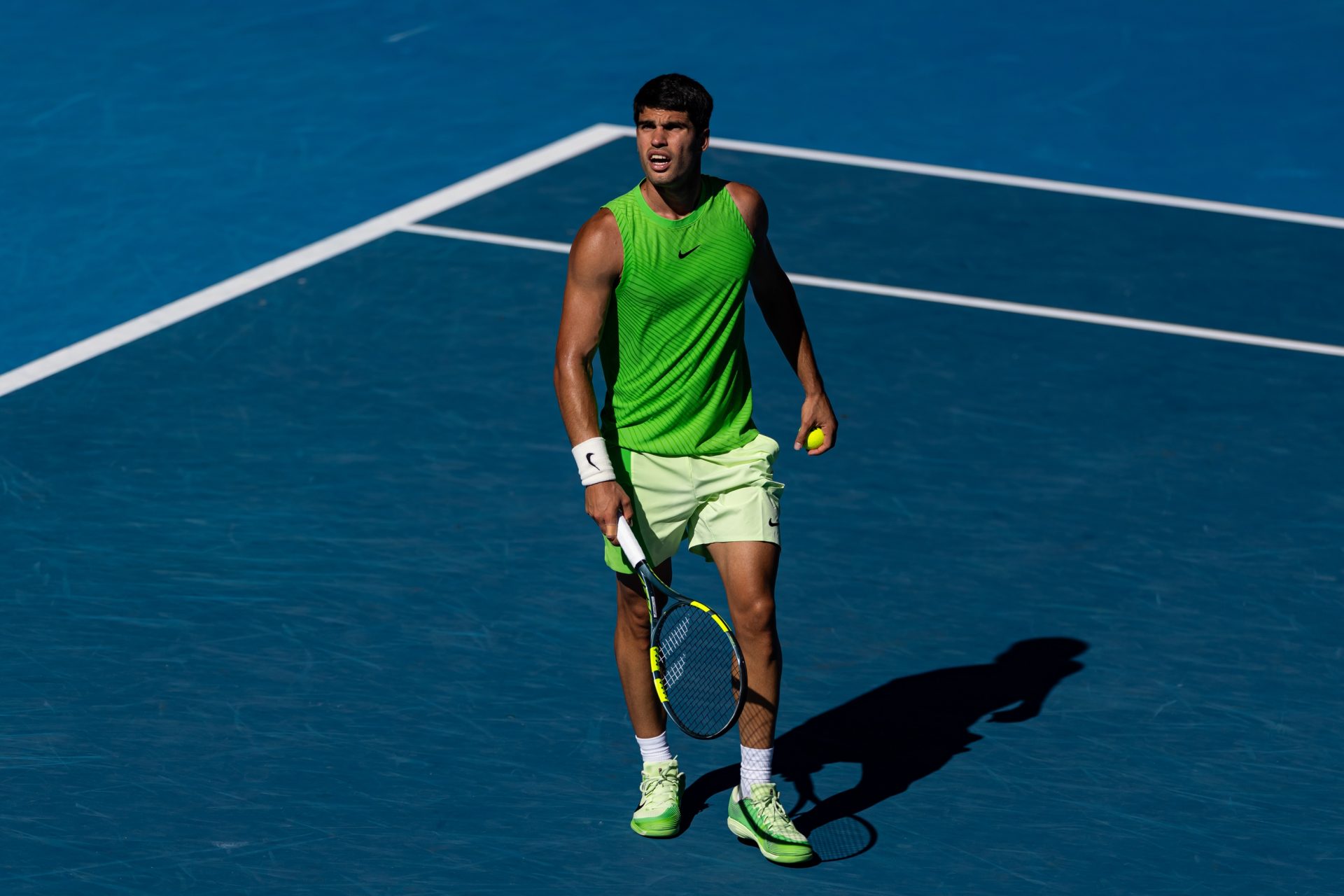 Carlos Alcaraz of Spain in action against Alexander Zverev of Germany in the semifinals of the mens singles at the Australian Open at Rod Laver Arena in Melbourne Park.