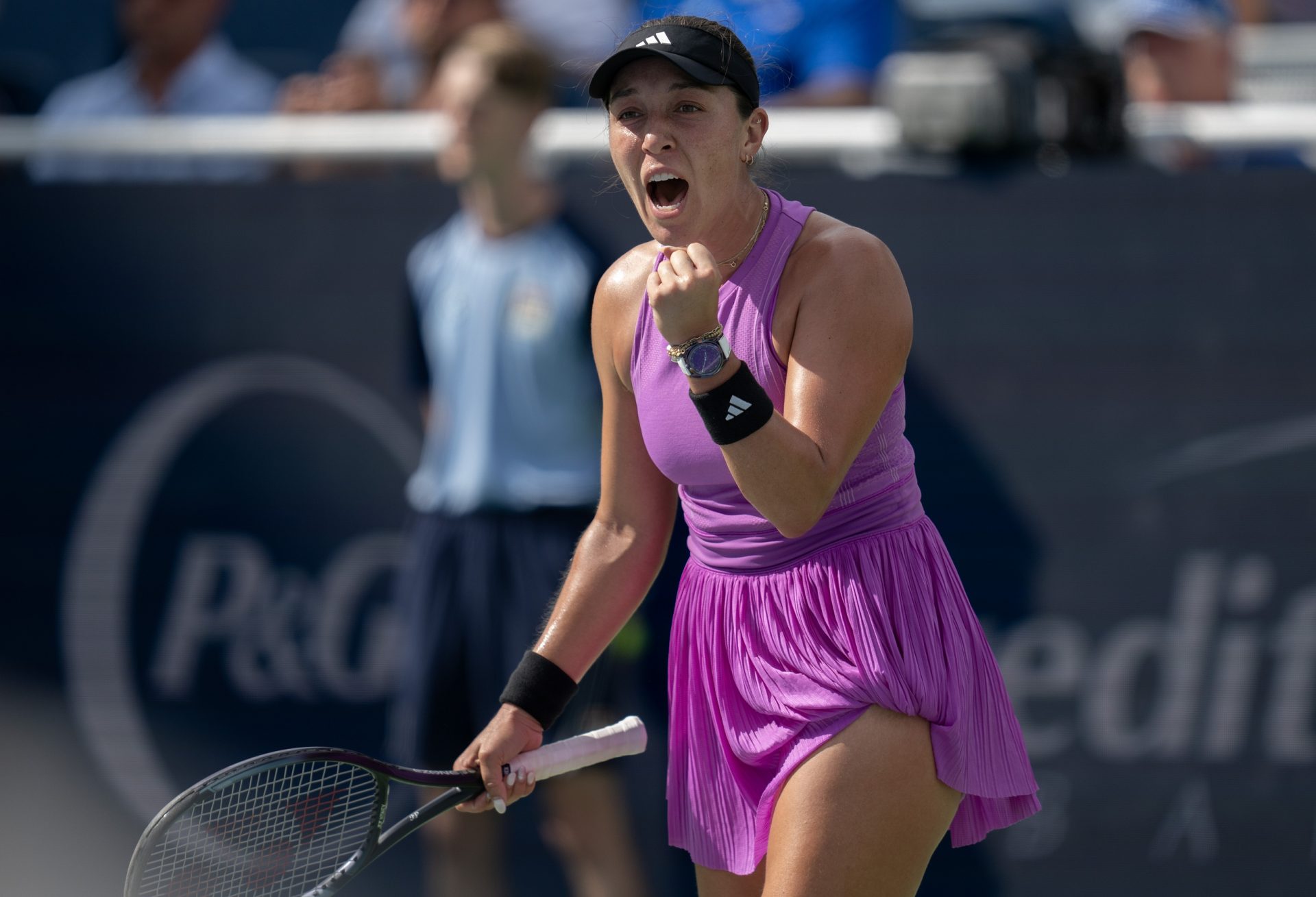 Aug 18 2024; Cincinnati, OH, USA; Jessica Pegula of the United States celebrates winning her match against Paula Badosa of Spain on day seven of the Cincinnati Open.