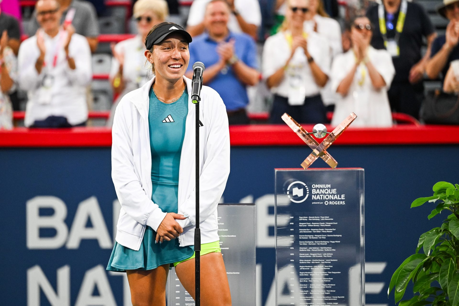 Jessica Pegula (USA) winner of the singles final addresses the crowd following her win at IGA Stadium.