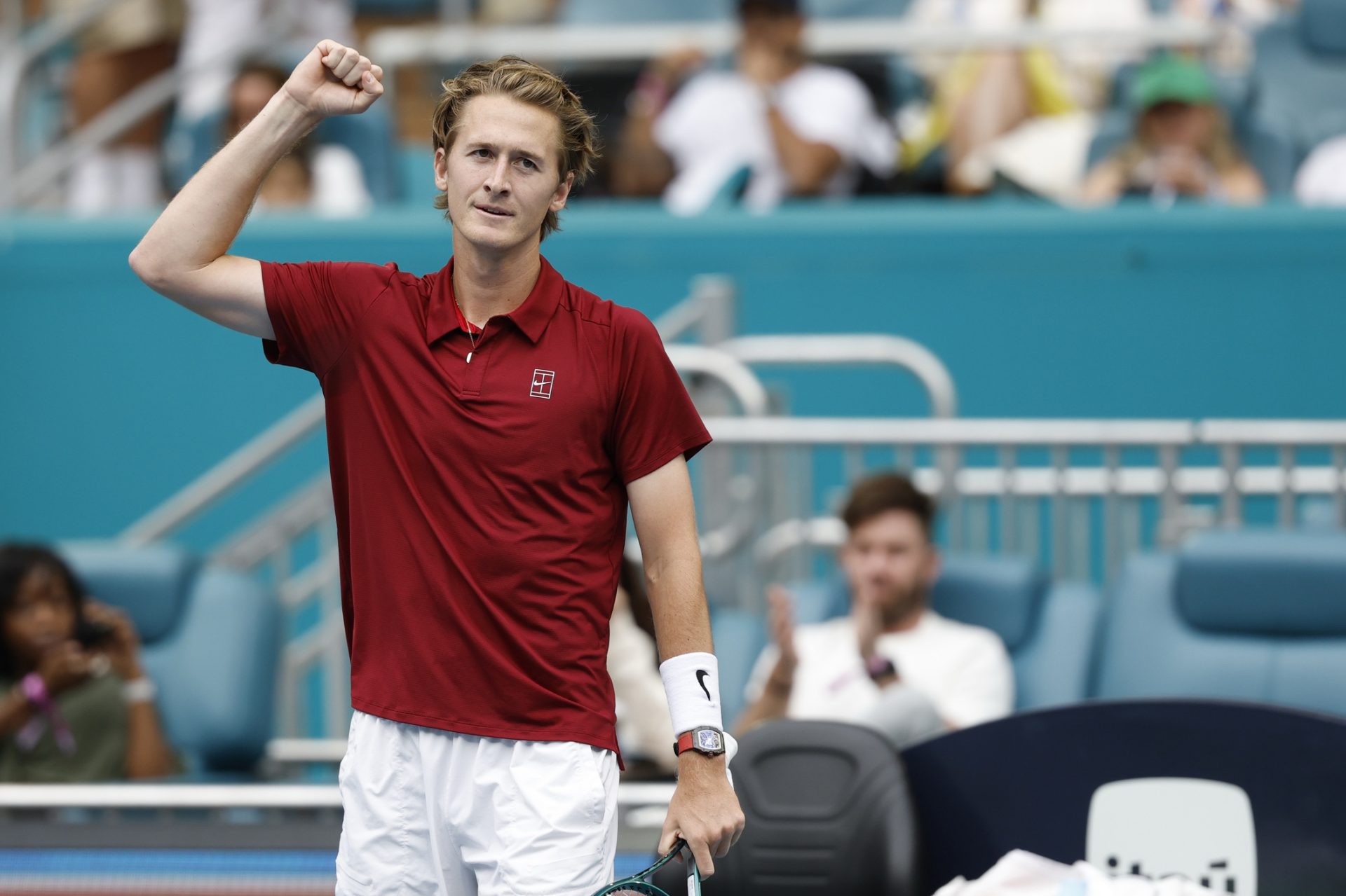 Sebastian Korda (USA) celebrates after his match against Gael Monfils (FRA)(not pictured) on day eight of the Miami Open at Hard Rock Stadium.