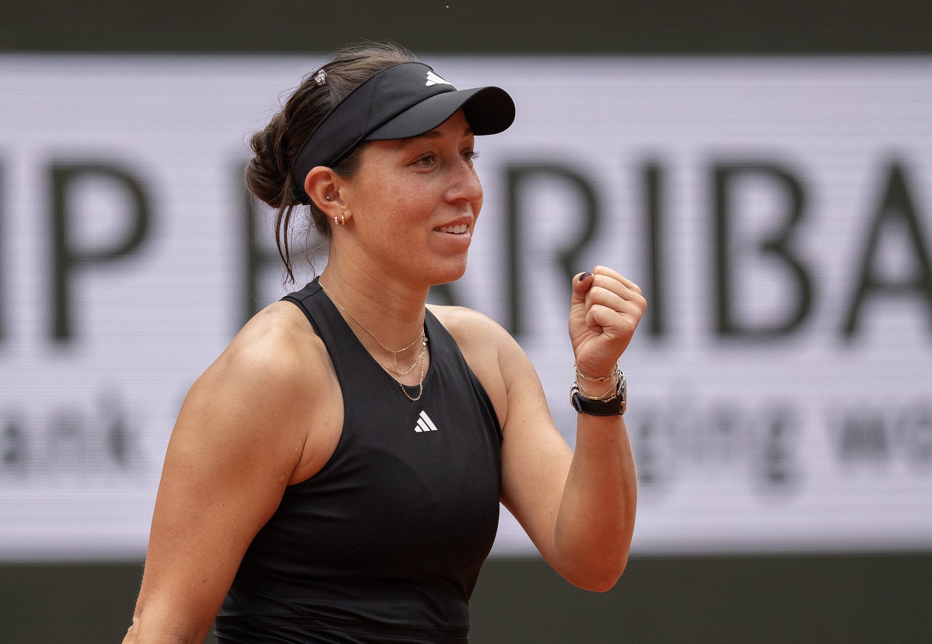 Jessica Pegula of the United States celebrates winning her match against Marketa Vondrousova of the Czech Republic on day seven at Roland Garros Stadium.
