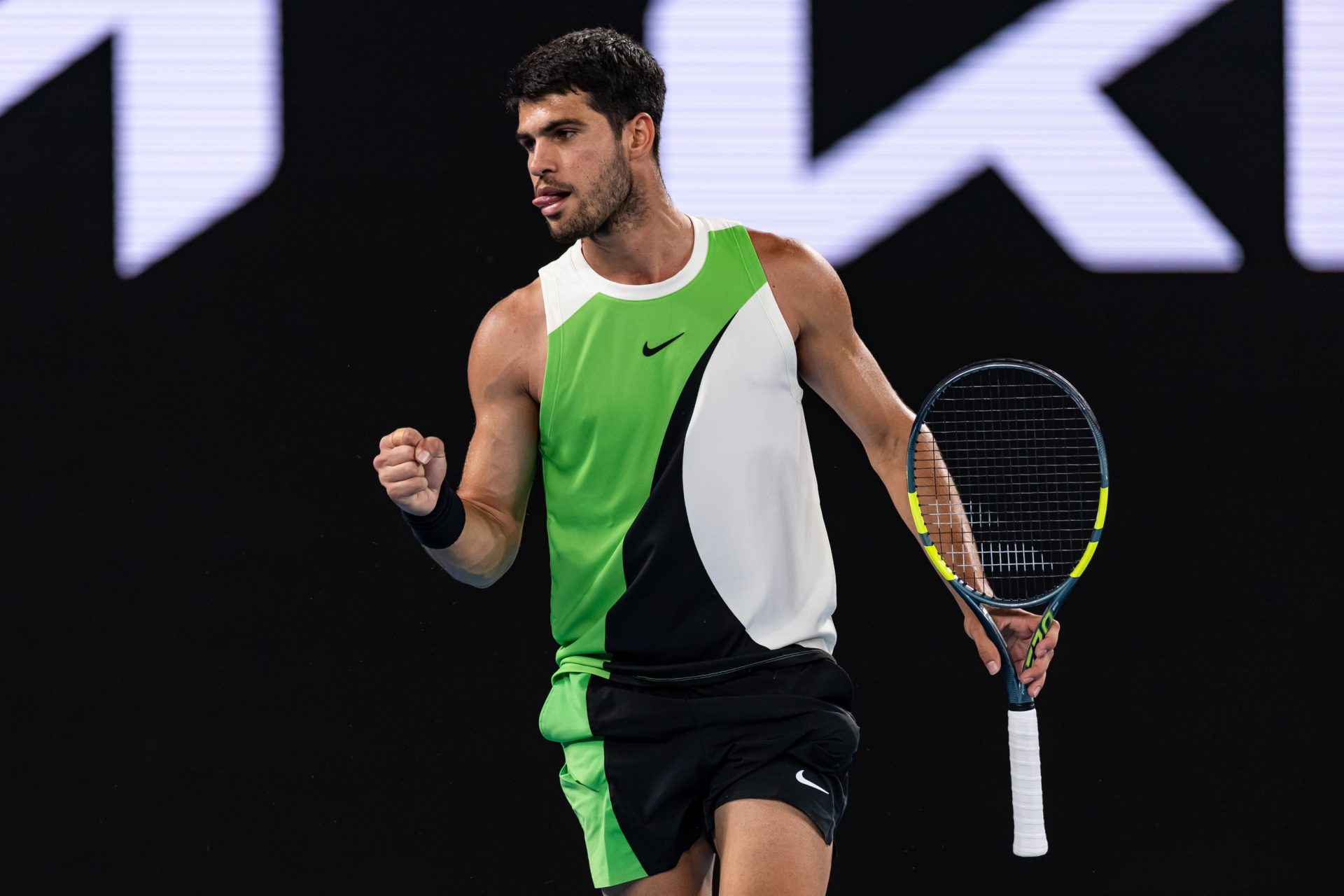 Carlos Alcaraz of Spain in action against Alex de Minaur of Australia in the quarterfinals of the men’s singles at the Australian Open at Rod Laver Arena in Melbourne Park.