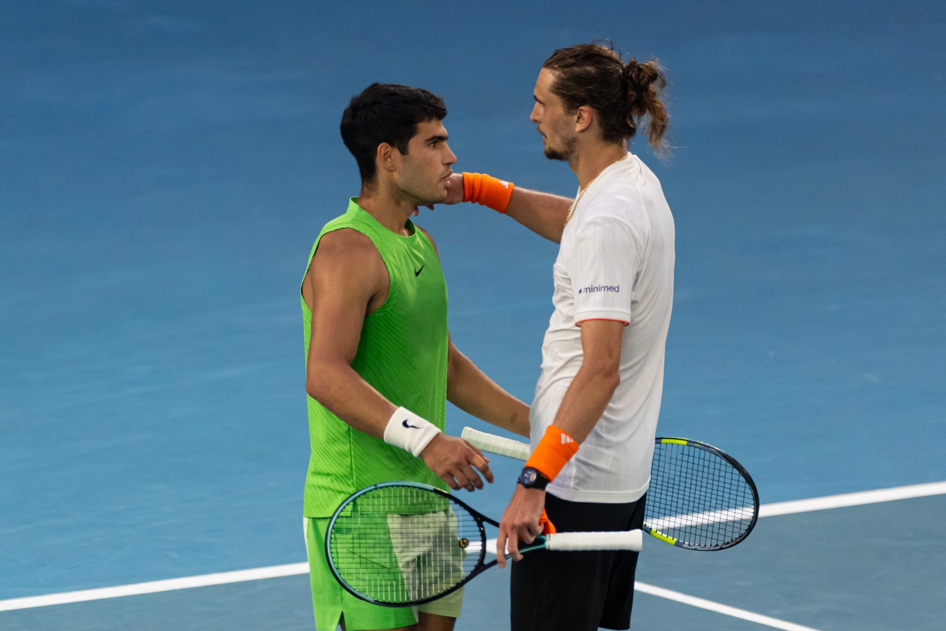 Carlos Alcaraz of Spain celebrates his victory over Alexander Zverev of Germany in the semifinals of the mens singles at the Australian Open at Rod Laver Arena in Melbourne Park.