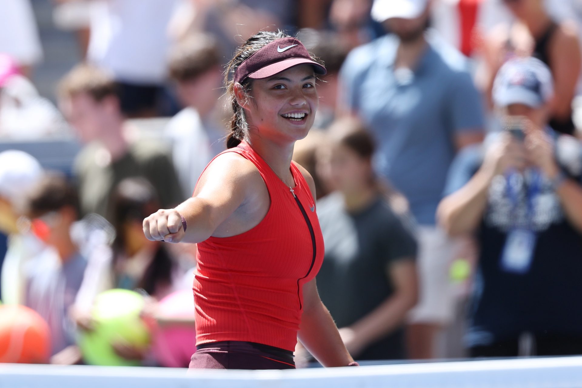 Emma Raducanu (GBR) celebrates after defeating Ena Shibahara (not pictured) on day one of the 2025 U.S. Open tennis tournament at the USTA Billie Jean King National Tennis Center.