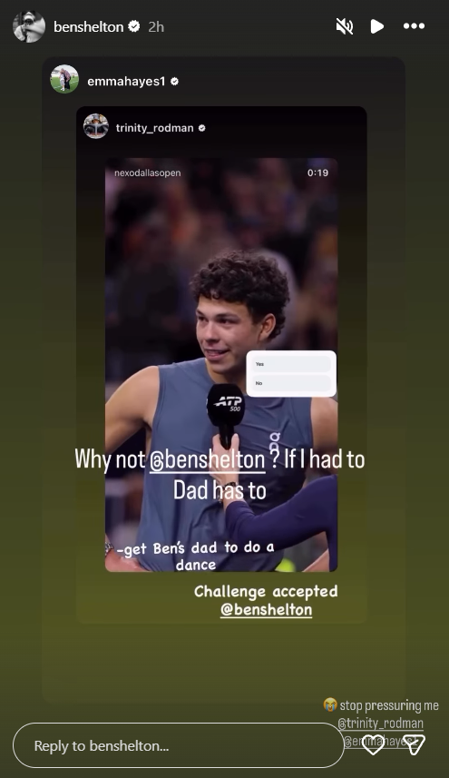 Screenshot from Ben Shelton's Instagram story
