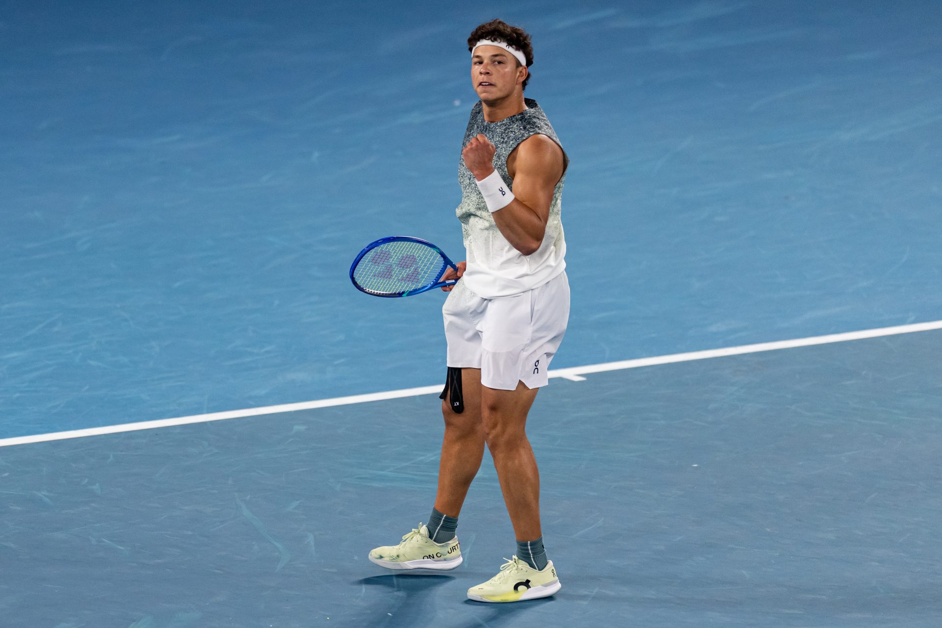 Ben Shelton of United States in action against Casper Ruud of Norway in the fourth round of the mens singles at the Australian Open at Rod Laver Arena in Melbourne Park.