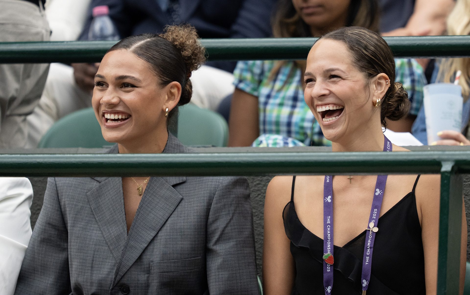 Trinity Rodman and Emma Shelton  in attendance for the Ben Shelton of the United States and Marton Fucsovics of Hungary (both not pictured) match  on day six at the All England Lawn Tennis and Croquet Club.