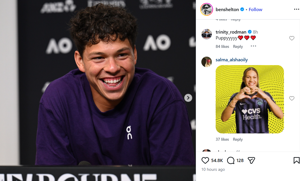 Screenshot of Trinity Rodman's comment on Ben Shelton's IG post
