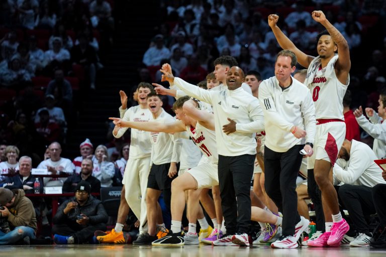 The Miami (OH) RedHawks bench reacts against the Ohio Bobcats in the second half at Millett Hall. Source: Aaron Doster-Imagn Images