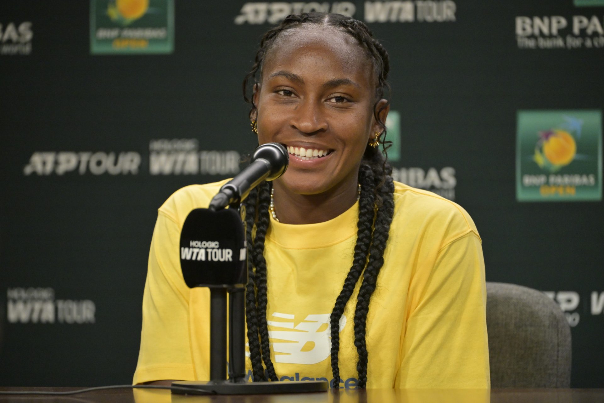 Indian Wells, CA, USA;  Coco Gauff (USA) talks to the media during a news conference during the BNP Paribas Open at the Indian Well Tennis Garden.