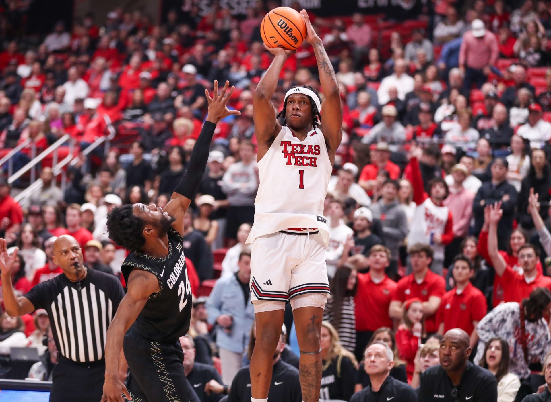 Texas Tech's Tyeree Bryan attempts a 3-pointer against Colorado during a Big 12 Conference men's basketball game, Wednesday, Feb. 11, 2026, in United Supermarkets Arena.