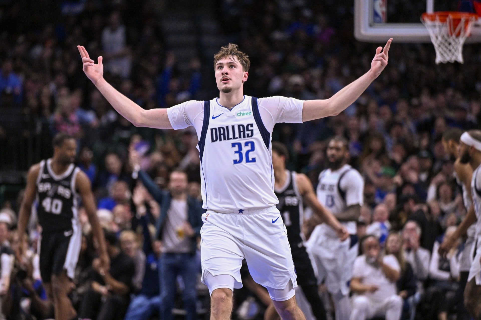 Dallas Mavericks forward Cooper Flagg (32) celebrates during the second half against the San Antonio Spurs at the American Airlines Center.