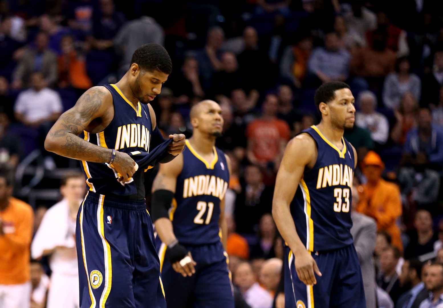 Indiana Pacers forward Paul George (left), forward David West (center) and forward Danny Granger against the Phoenix Suns at US Airways Center.