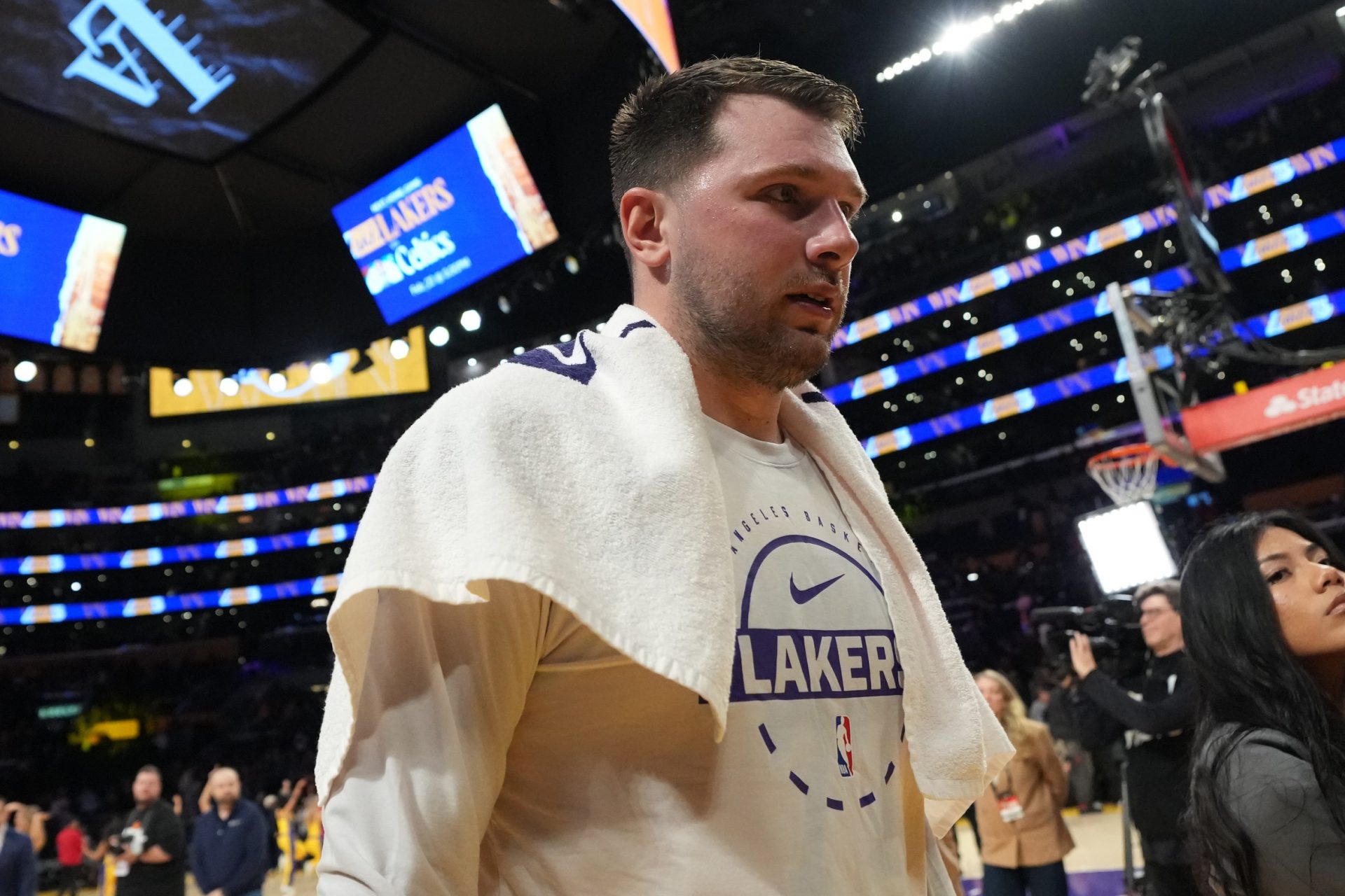 Los Angeles Lakers guard Luka Doncic (77) leaves the court after the game against the LA Clippers at Crypto.com Arena - Source: Imagn Images
