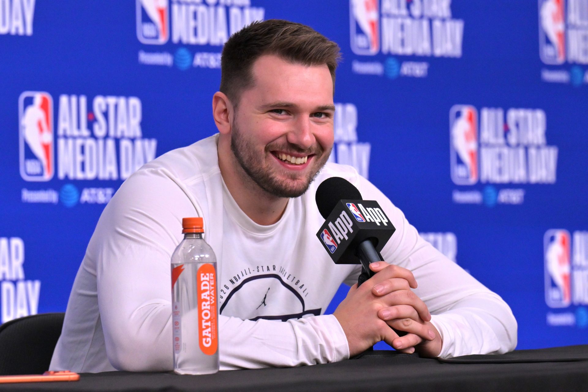 Team World guard Luka Doncic (77) of the Los Angeles Lakers during a news conference for the NBA All Star game at Intuit Dome.