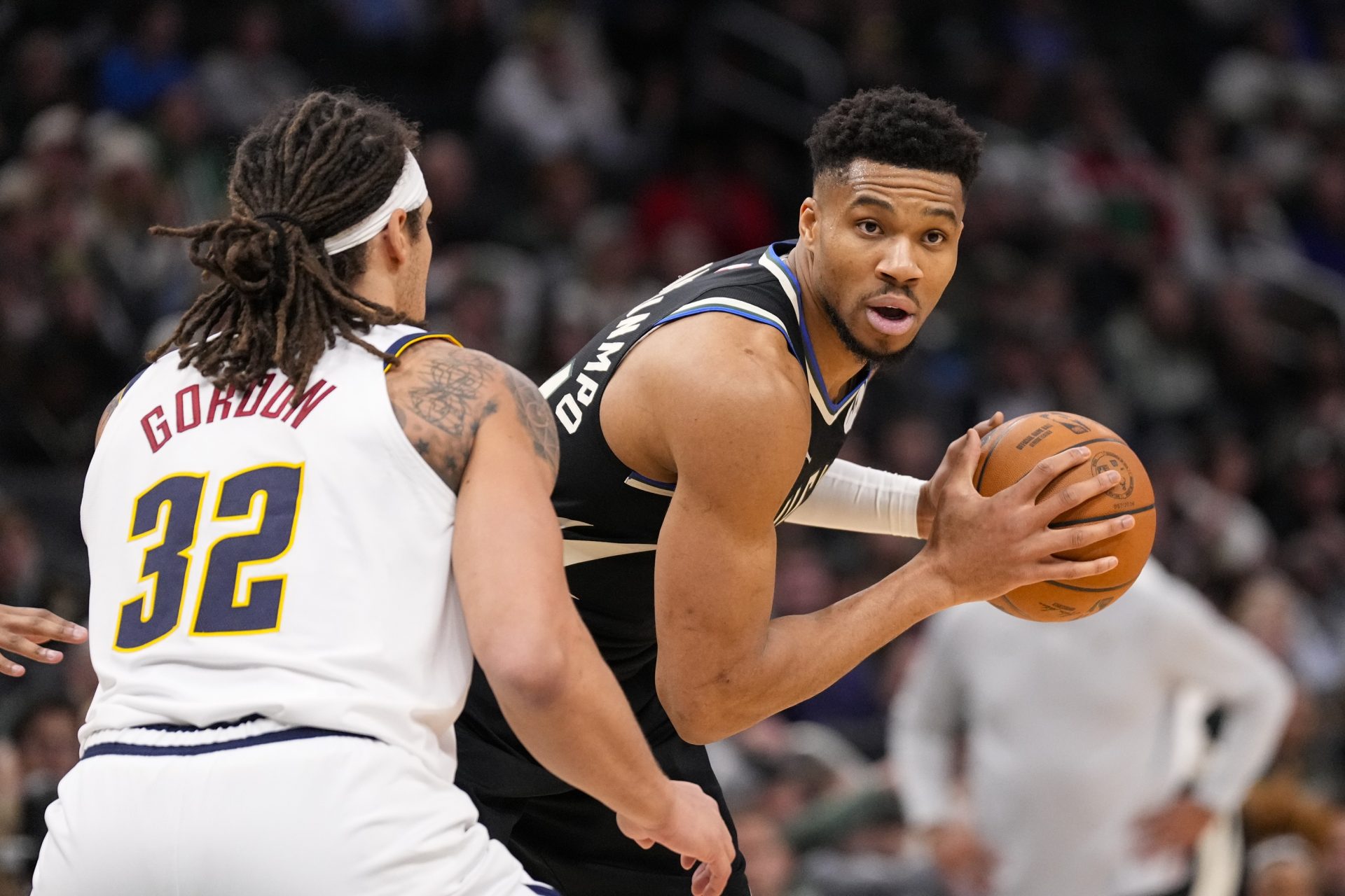 Milwaukee Bucks forward Giannis Antetokounmpo (34) during the game against the Denver Nuggets at Fiserv Forum.