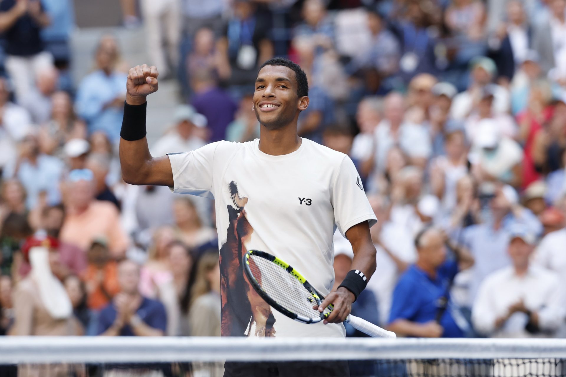 Felix Auger-Aliassime (CAN) celebrates after his match against Alex de Minaur (AUS) (not pictured) on day eleven of the 2025 US Open tennis championships at USTA Billie Jean King National Tennis Center.