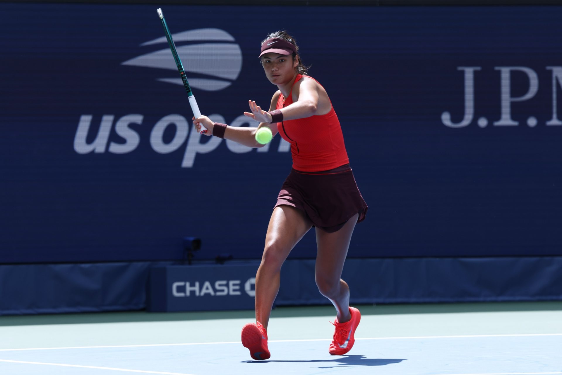 Emma Raducanu (GBR) hits the ball to Ena Shibahara (not pictured) on day one of the 2025 U.S. Open tennis tournament at the USTA Billie Jean King National Tennis Center.