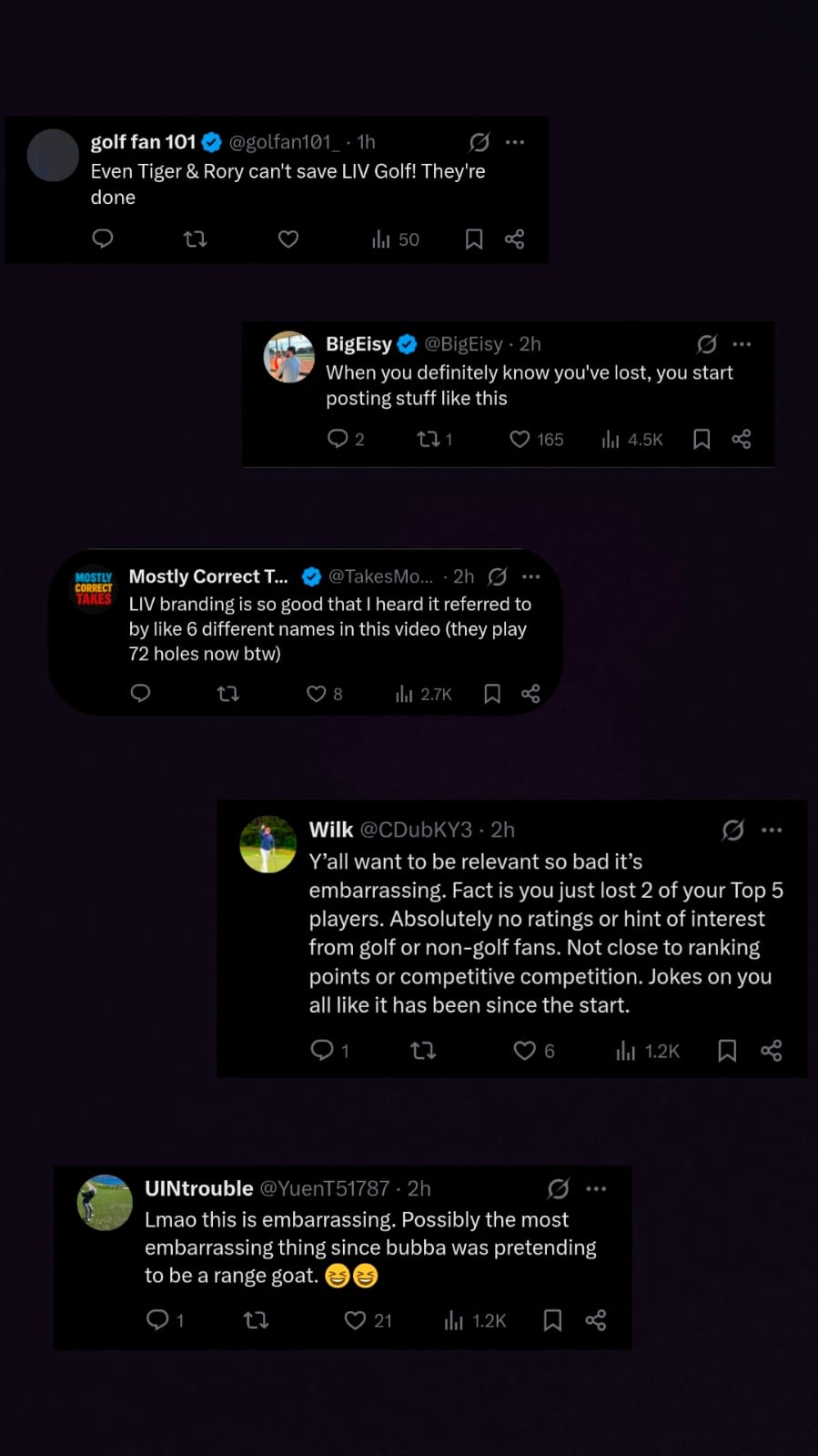 Screenshot of fan comments on LIV Golf's post on X