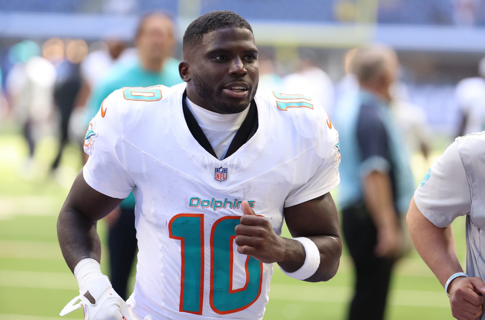 Miami Dolphins wide receiver Tyreek Hill (10) leaves the field after losing to the Indianapolis Colts at Lucas Oil Stadium. Mandatory 
Source- Imagn