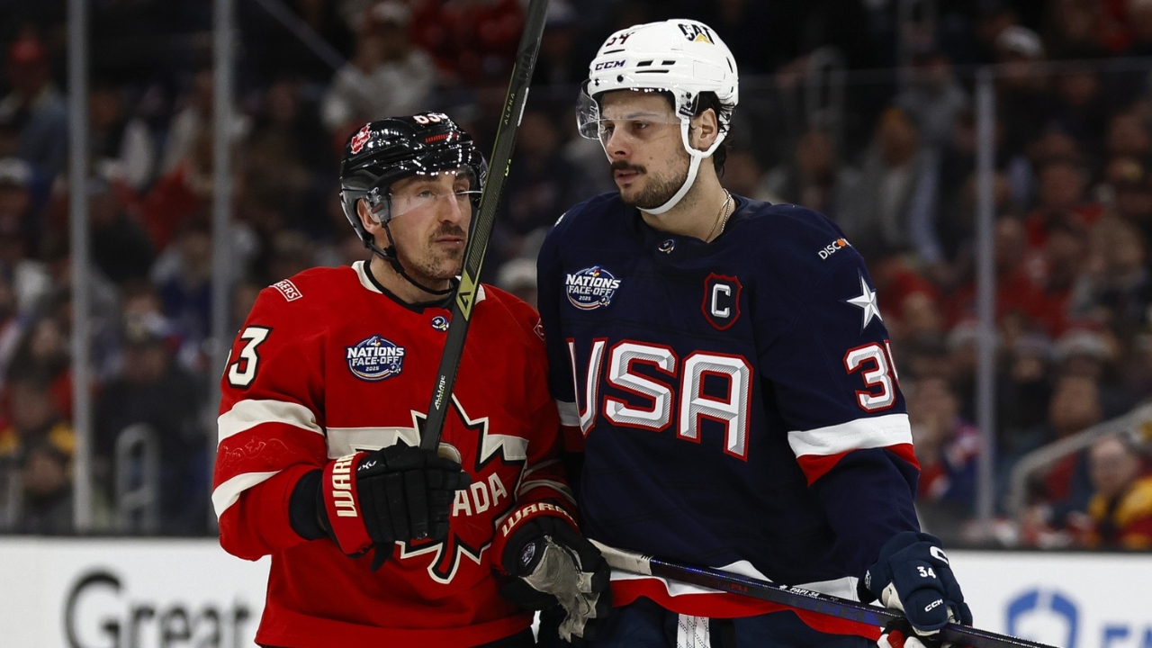 [Imagn Images direct customers only] Team Canada forward Brad Marchand (63) and United States forward Auston Matthews (34) during the 4 Nations Face-Off ice hockey championship game at TD Garden.