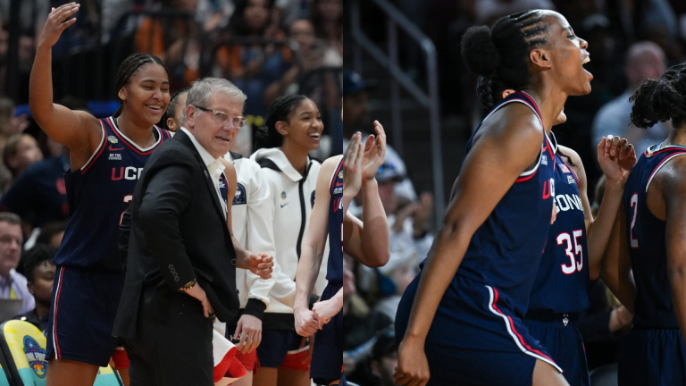 Sarah Strong, Geno Auriemma and Blanca Quinonez. - Source: Imagn, https://www.instagram.com/p/DSS2gwClkIy/?hl=en